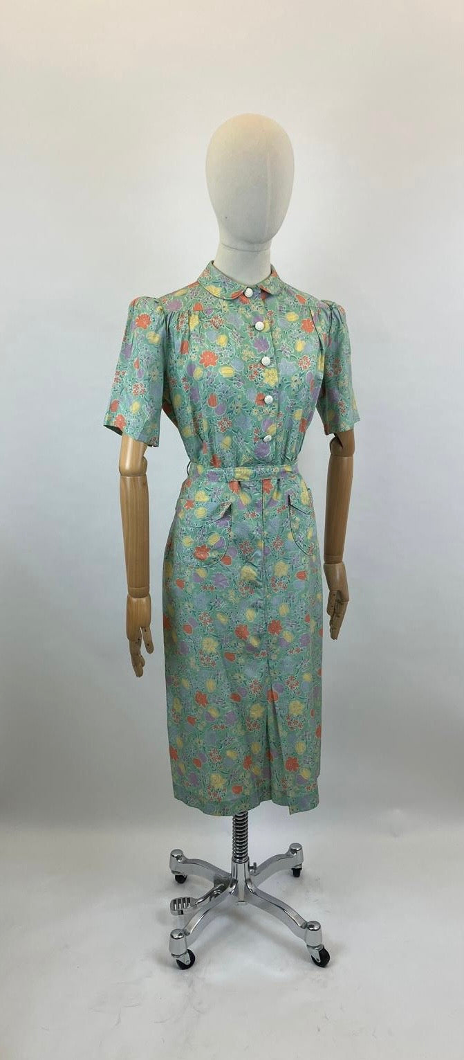 Original 1940's Silk pretty floral dress - in Celedon Green, Orange, Yellow, lilac and mauve