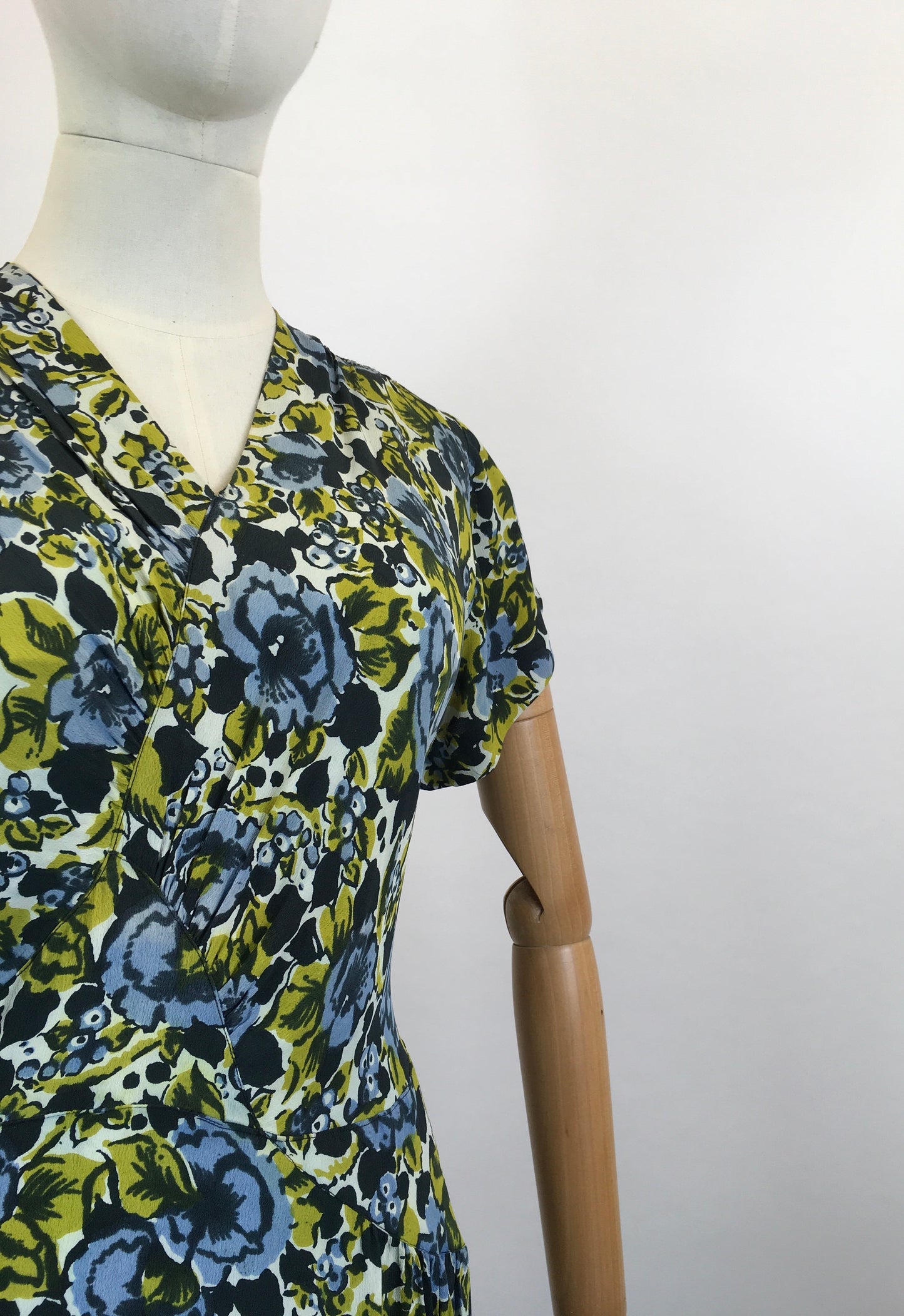 Original 1940's Beautiful Floral dress - in Chautreuse, Blue and Green florals.