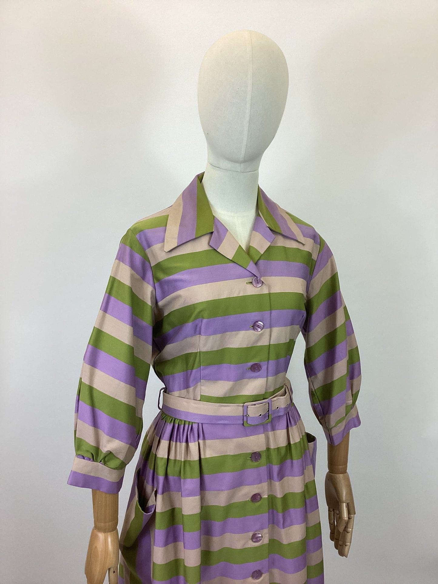 Original 1950’s Beautiful Shirtwaister dress - striped lilac, green and mushroom colourway