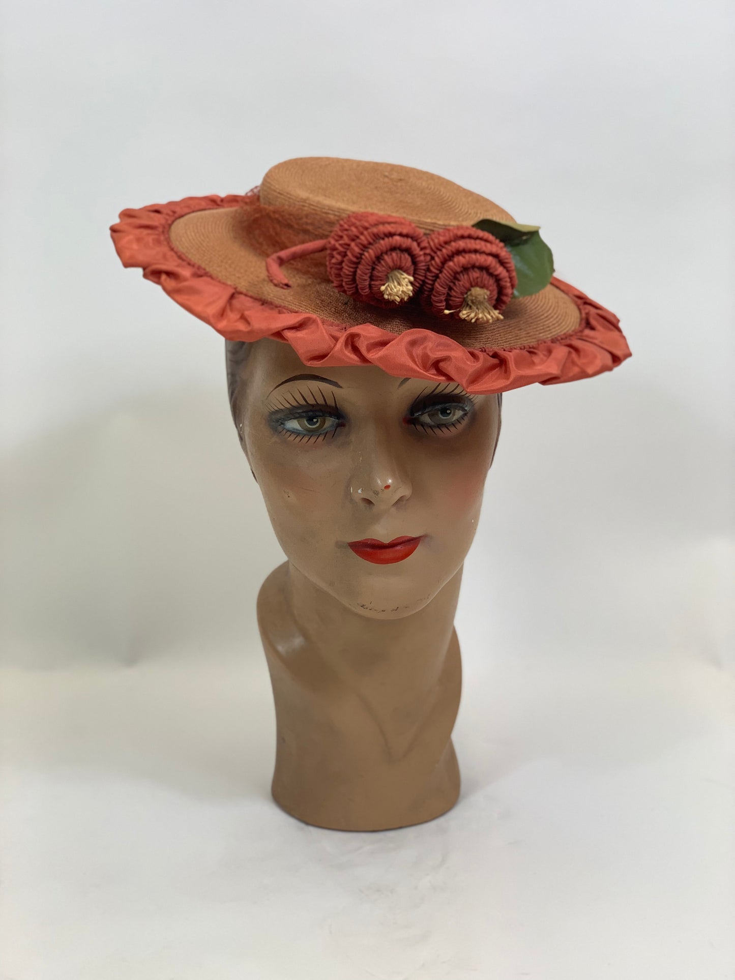 Original Gorgeous 1940’s Fine Natural Straw Hat - edged in Coral