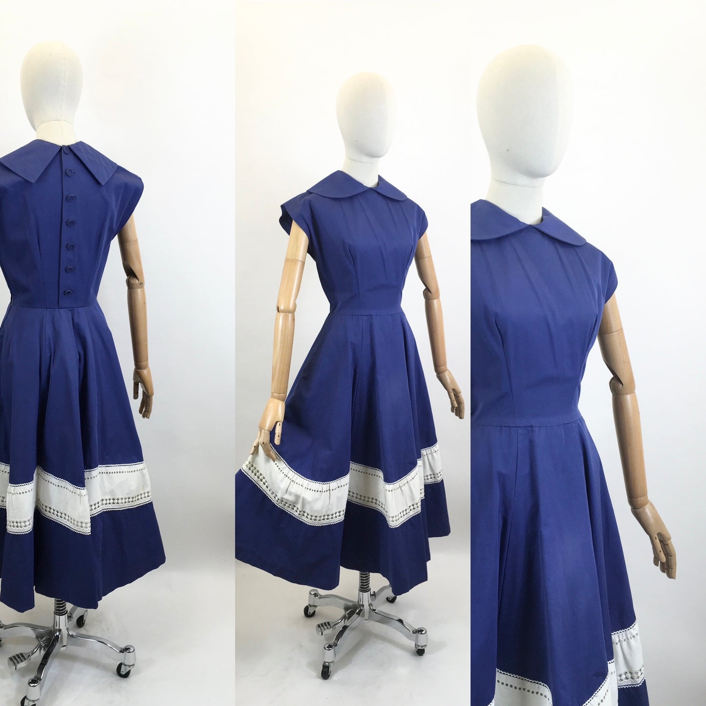 Original 1950’s Cotton Day Dress - Blue with White Contrast