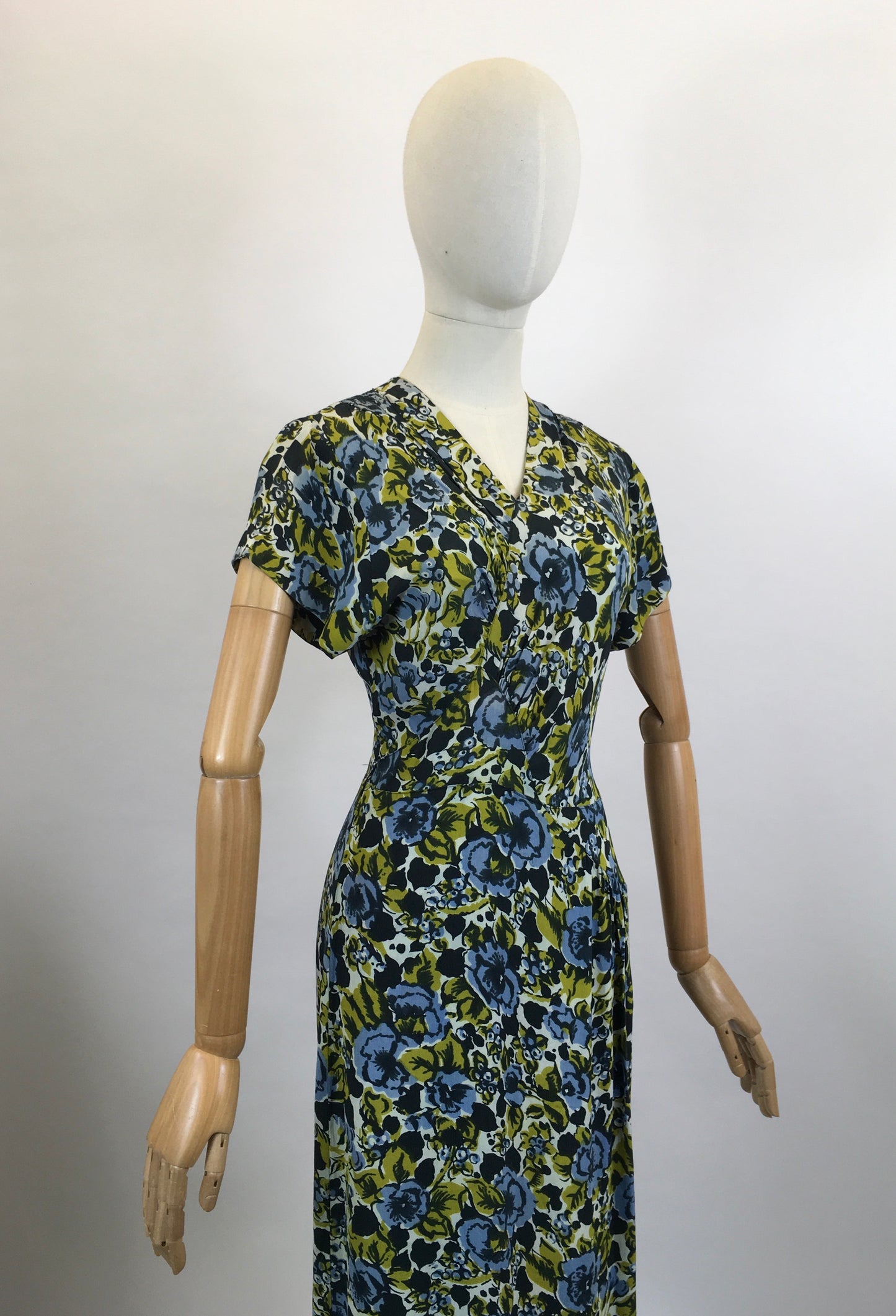 Original 1940's Beautiful Floral dress - in Chautreuse, Blue and Green florals.