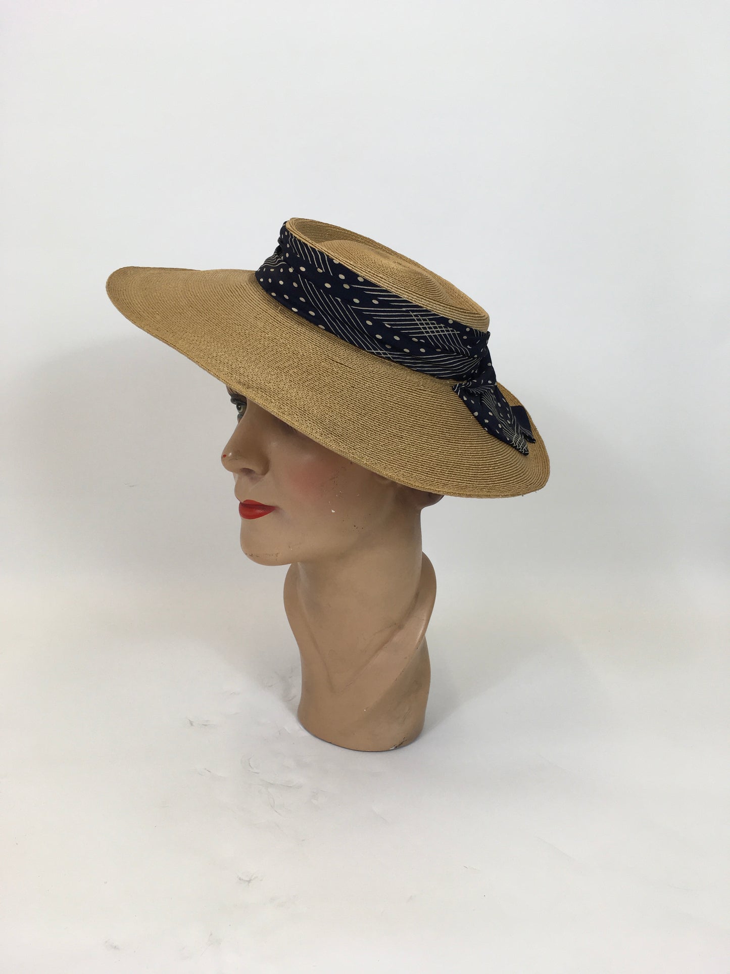 Original 1930s Natural fine Straw Hat - with a Deco ribbon in Navy/white combination.