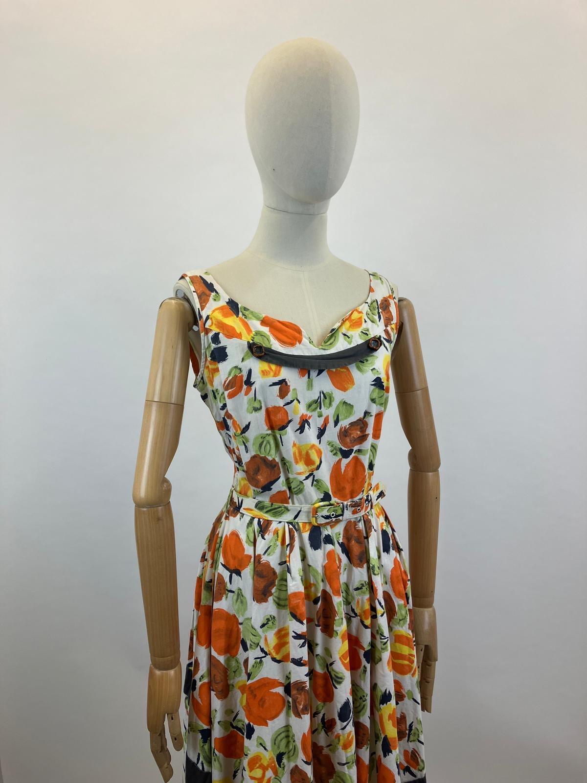 Original 1950's Cotton Sundress - Orange, Green, Cinnamon florals.