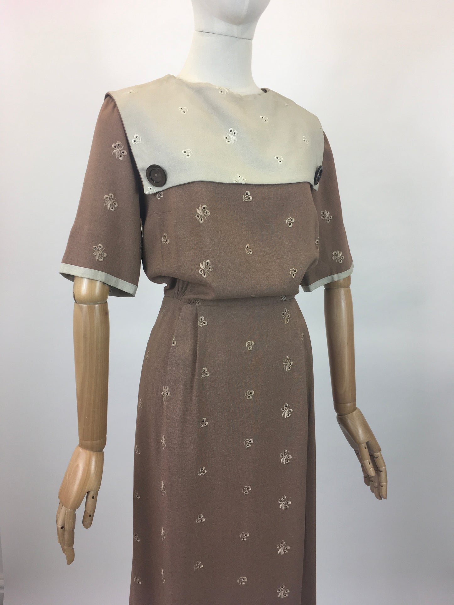 Original early 50’s Broderie Anglaise dress - in a Brown /Fawn colour combination.