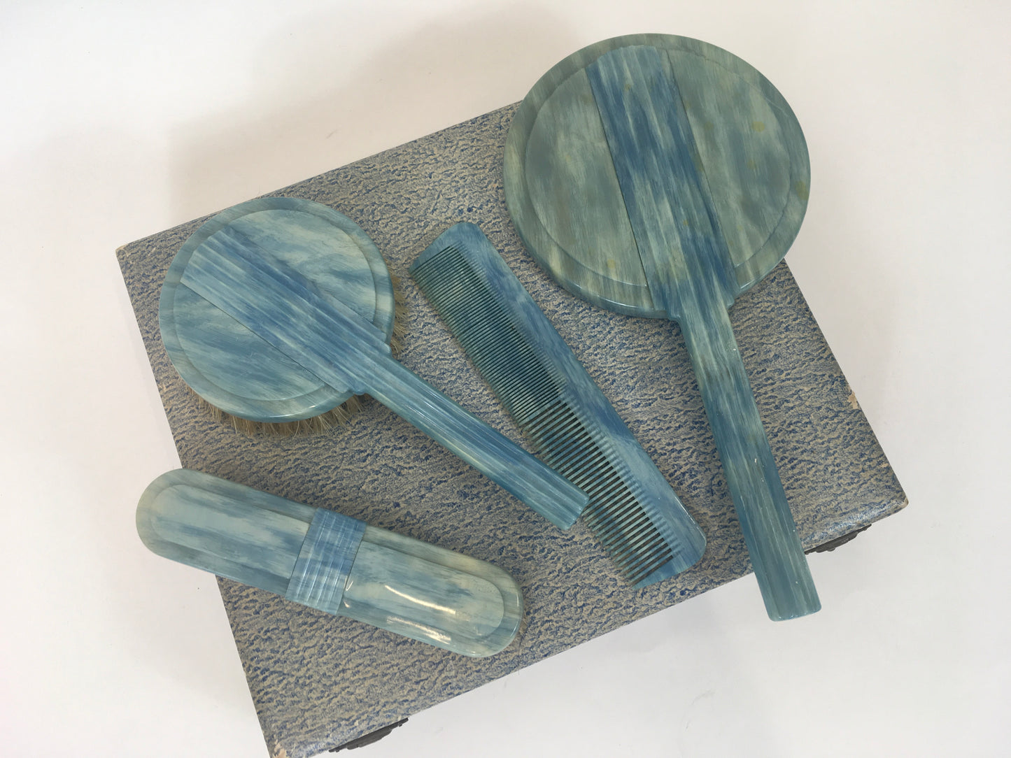 Original early 50’s Phenolic Dressing Table Set - In Mottled Deco Blue In Original Box