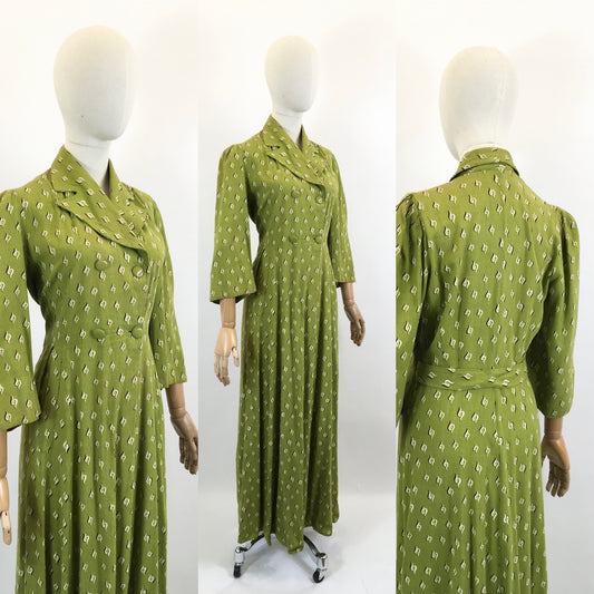 Original 1940’s Fabulous Moygashel Linen Dress/ housecoat  - soft green , brown and cream