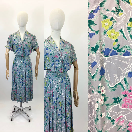 Original Fabulous 1940's  Novelty Print dress - Pale slate grey with hints of chartreuse, jade, blue and hot pink