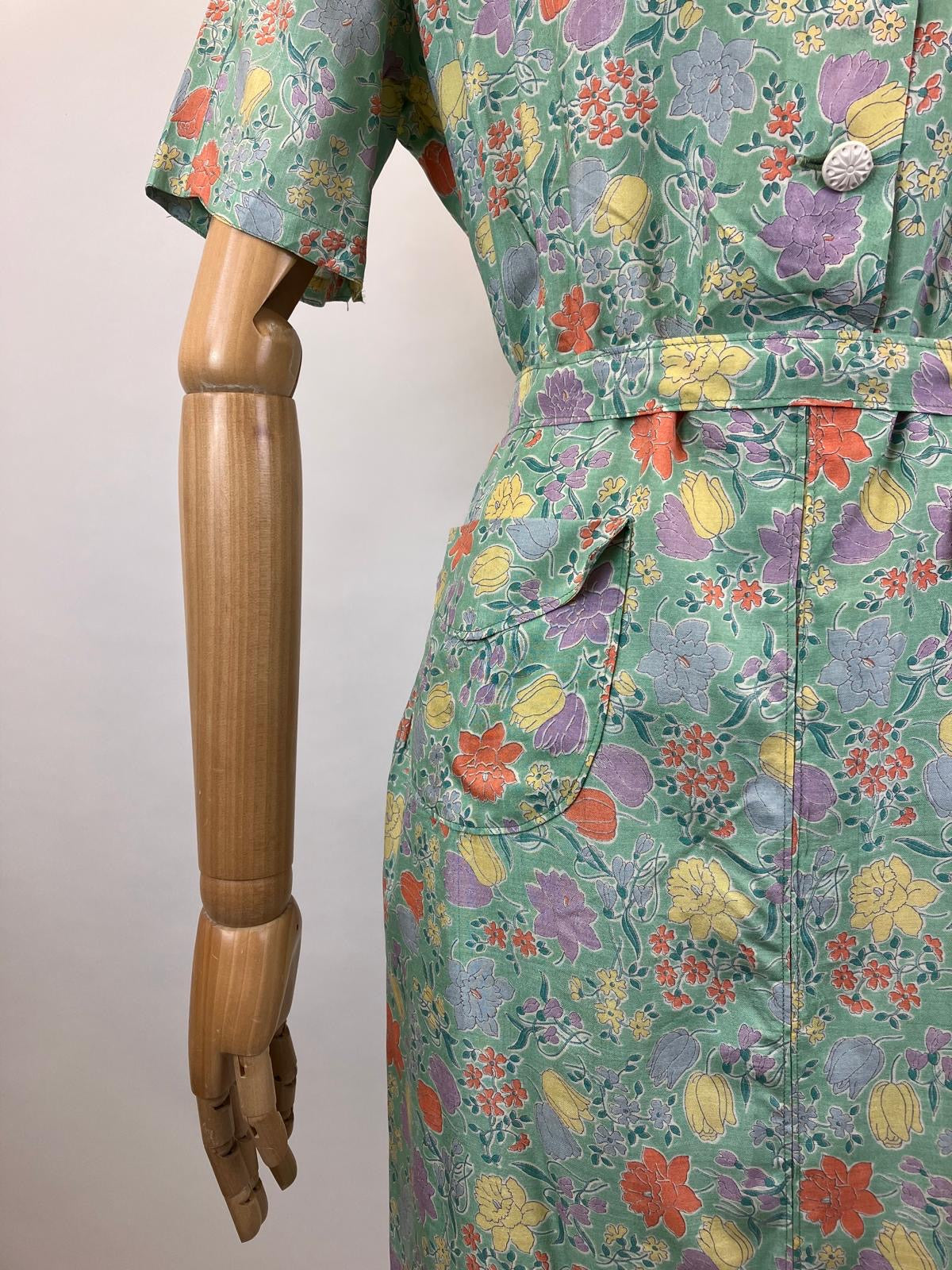 Original 1940's Silk pretty floral dress - in Celedon Green, Orange, Yellow, lilac and mauve