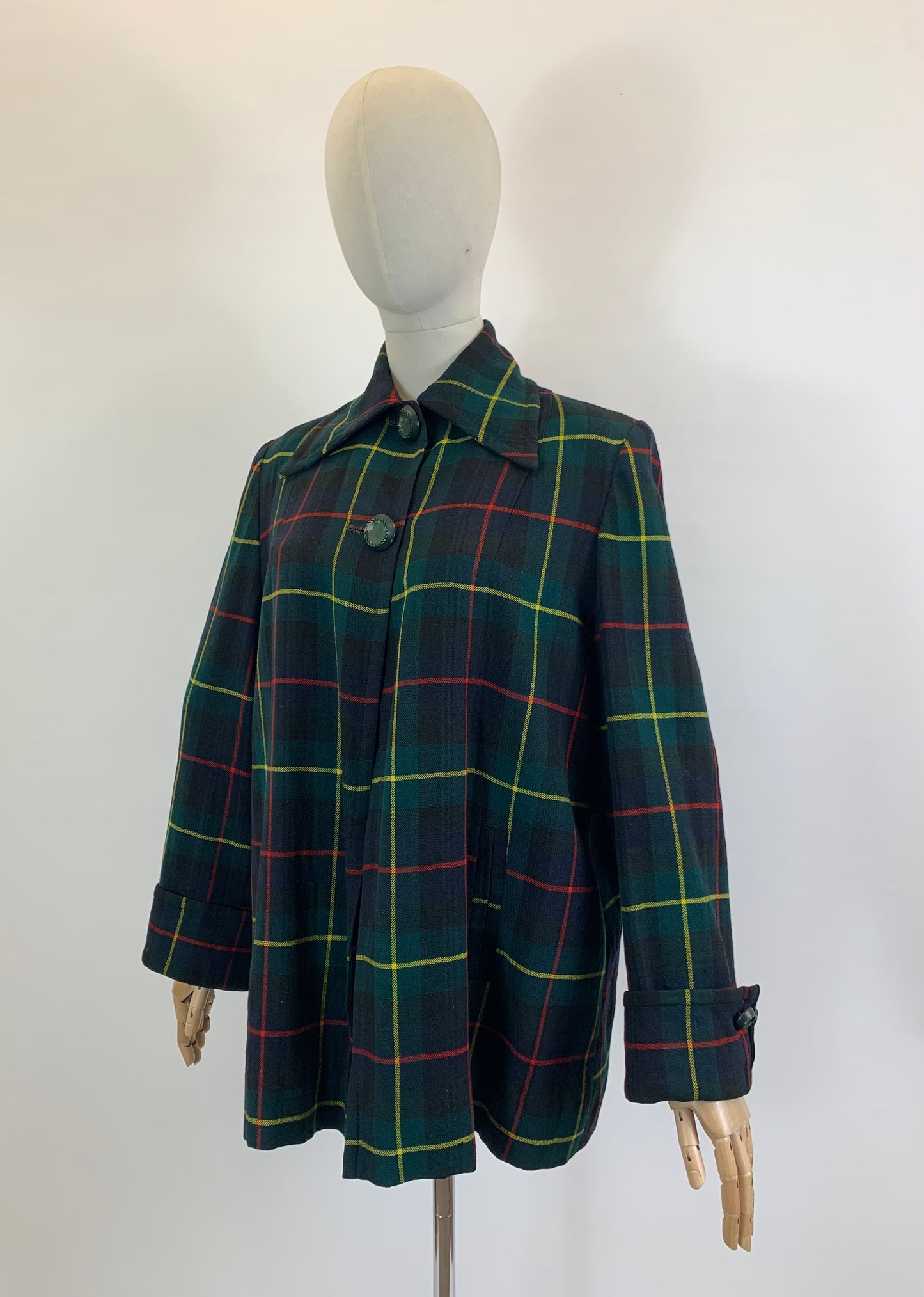 Original 1940’s Fabulous Plaid Swing Jacket - predominantly Green plaid with touches of Red and Yellow