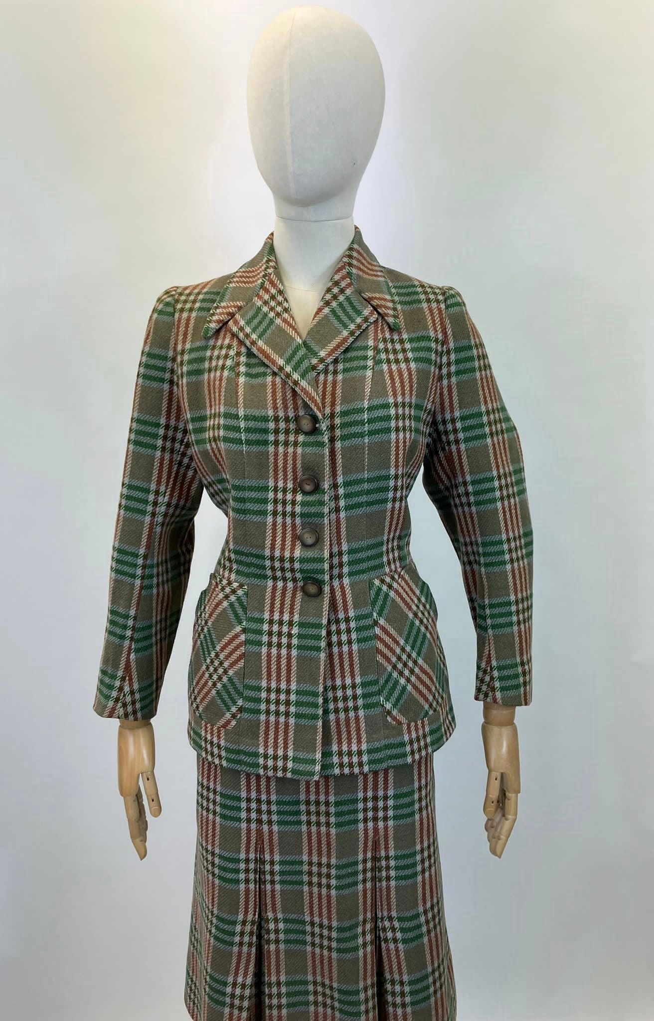 Original 1940’s CC41 Spectacular Woollen Plaid suit - in Greens and brown plaid