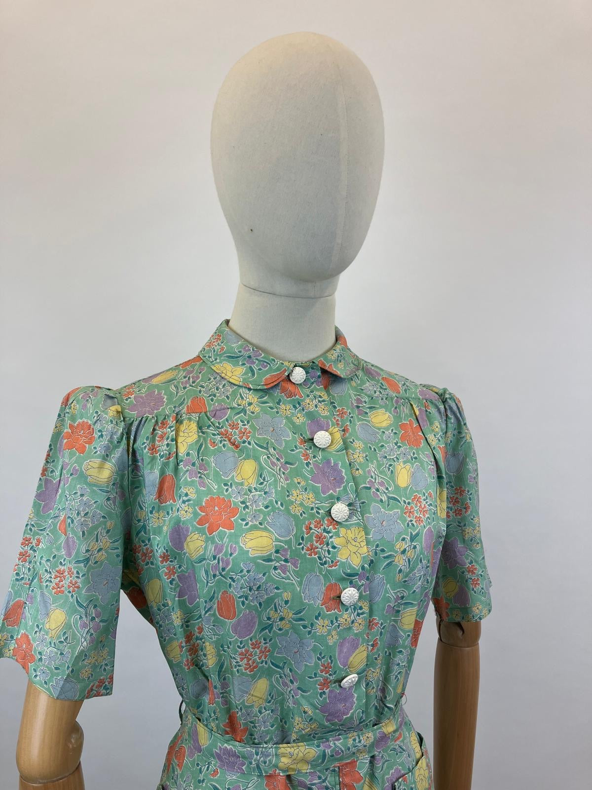 Original 1940's Silk pretty floral dress - in Celedon Green, Orange, Yellow, lilac and mauve