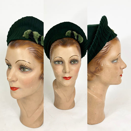 Original 1930’s Structured and pleated  hat - Deep dark  Green