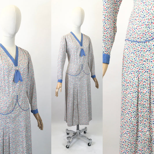 Original 1930’s Darling Floral Day Dress - In a Meadow Print with Greens, Blues, Yellows & Orange.