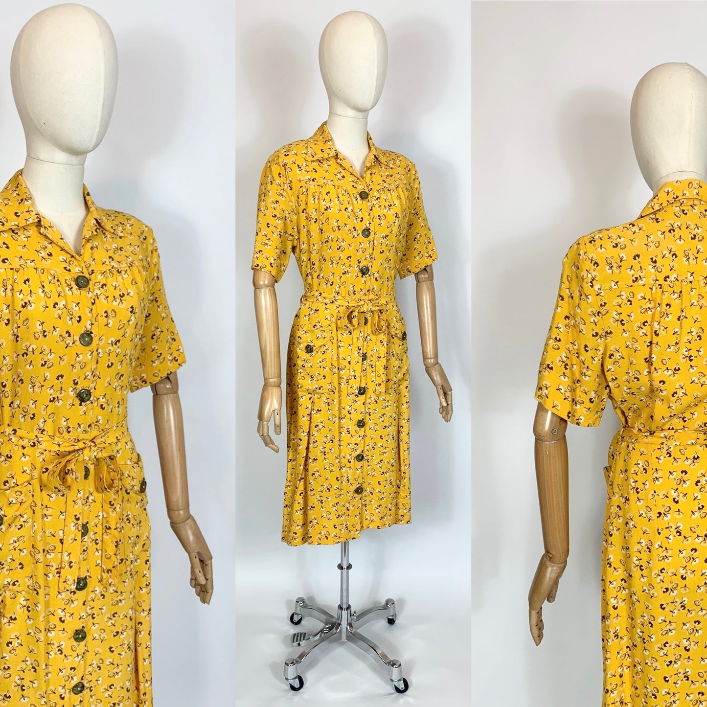 Original 1940’s Linen Day dress - Brown /Cream wishes on a Golden Yellow background.