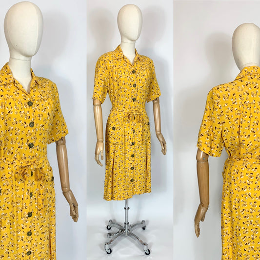 Original 1940’s Linen Day dress - Brown /Cream wishes on a Golden Yellow background.