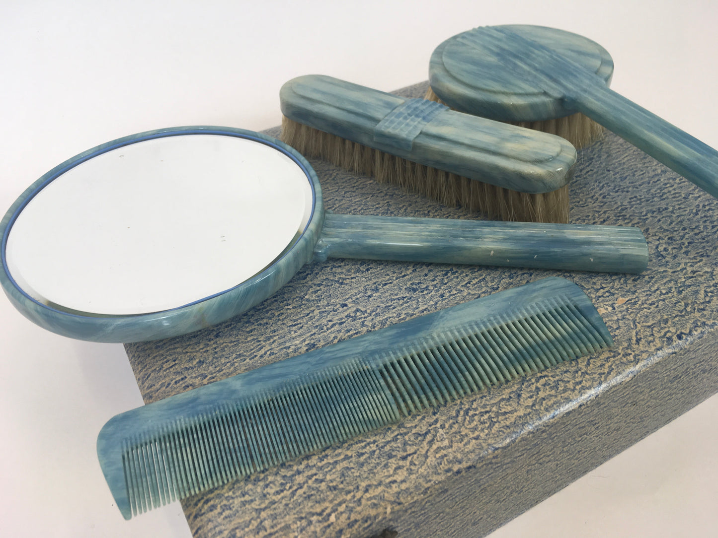 Original early 50’s Phenolic Dressing Table Set - In Mottled Deco Blue In Original Box