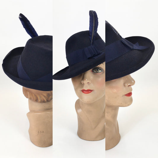 Original late 30's/ Early 40's  Stunning Fedora -  In a Deep Navy Felt with striking Blue Feather