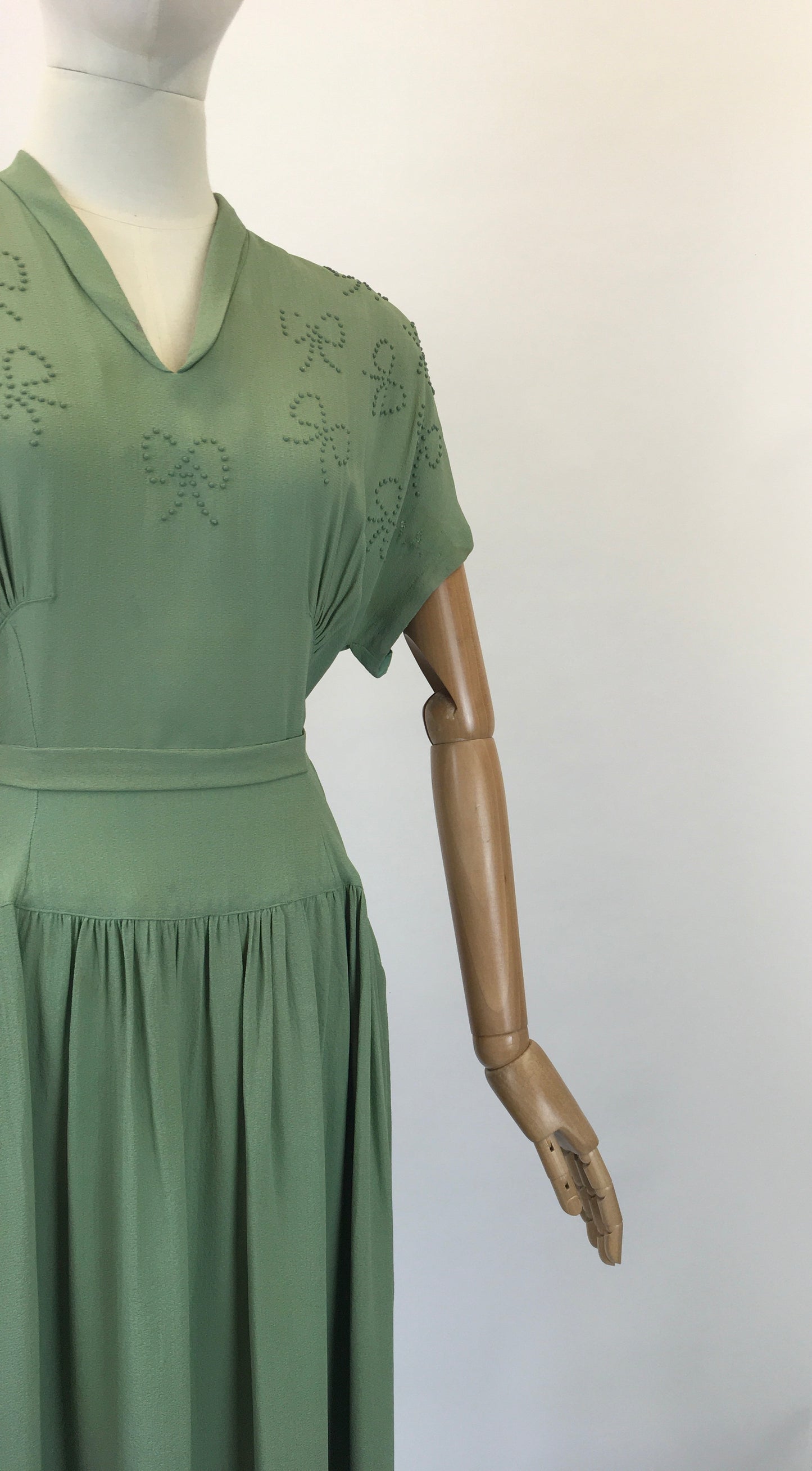 Original 1940s Beautiful Beaded Crepe dress - in a Soft Sage Green  colourway