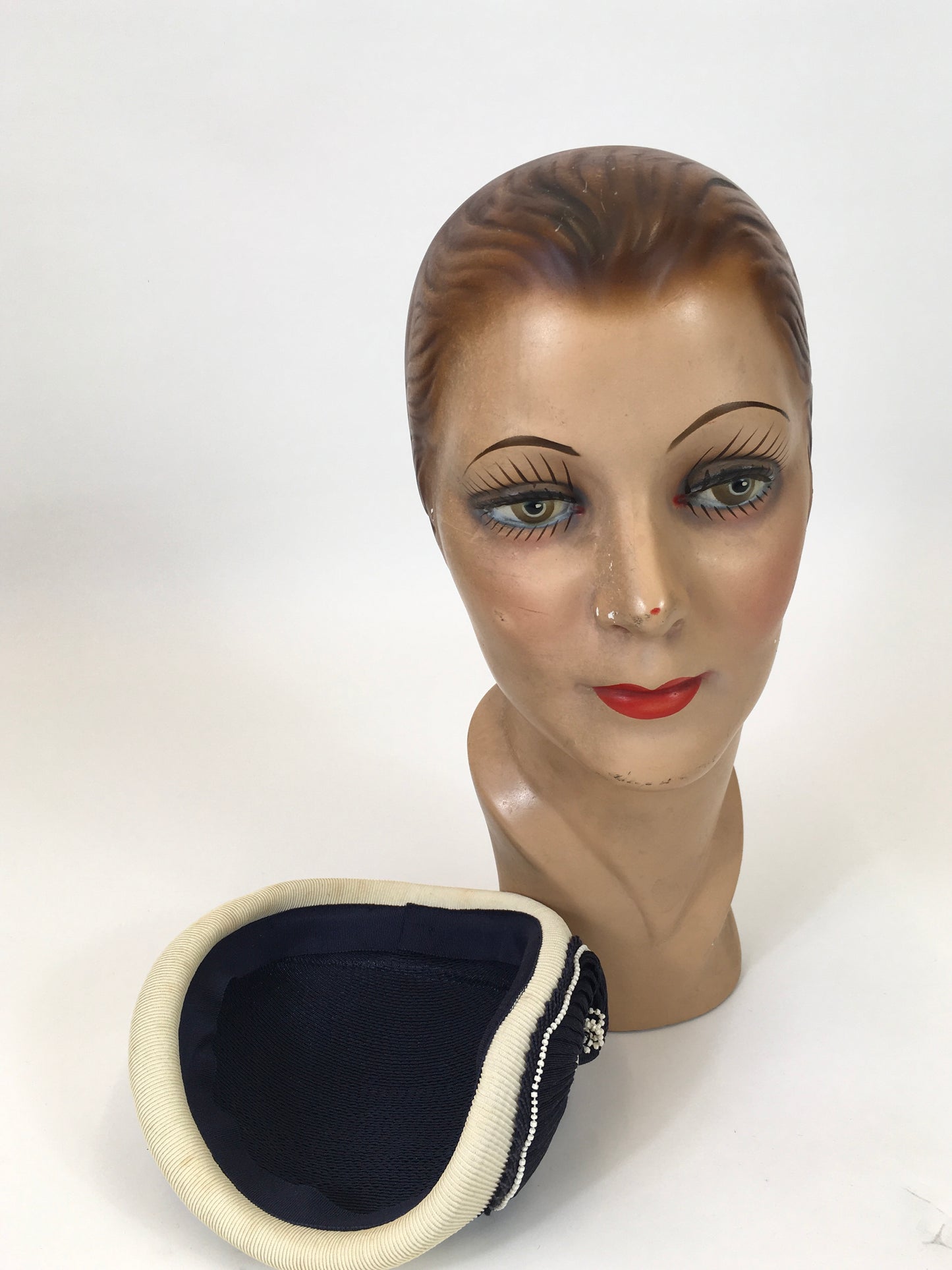 Original 1950's Classic Elegant Headpiece - In two tone Navy/Cream combination.