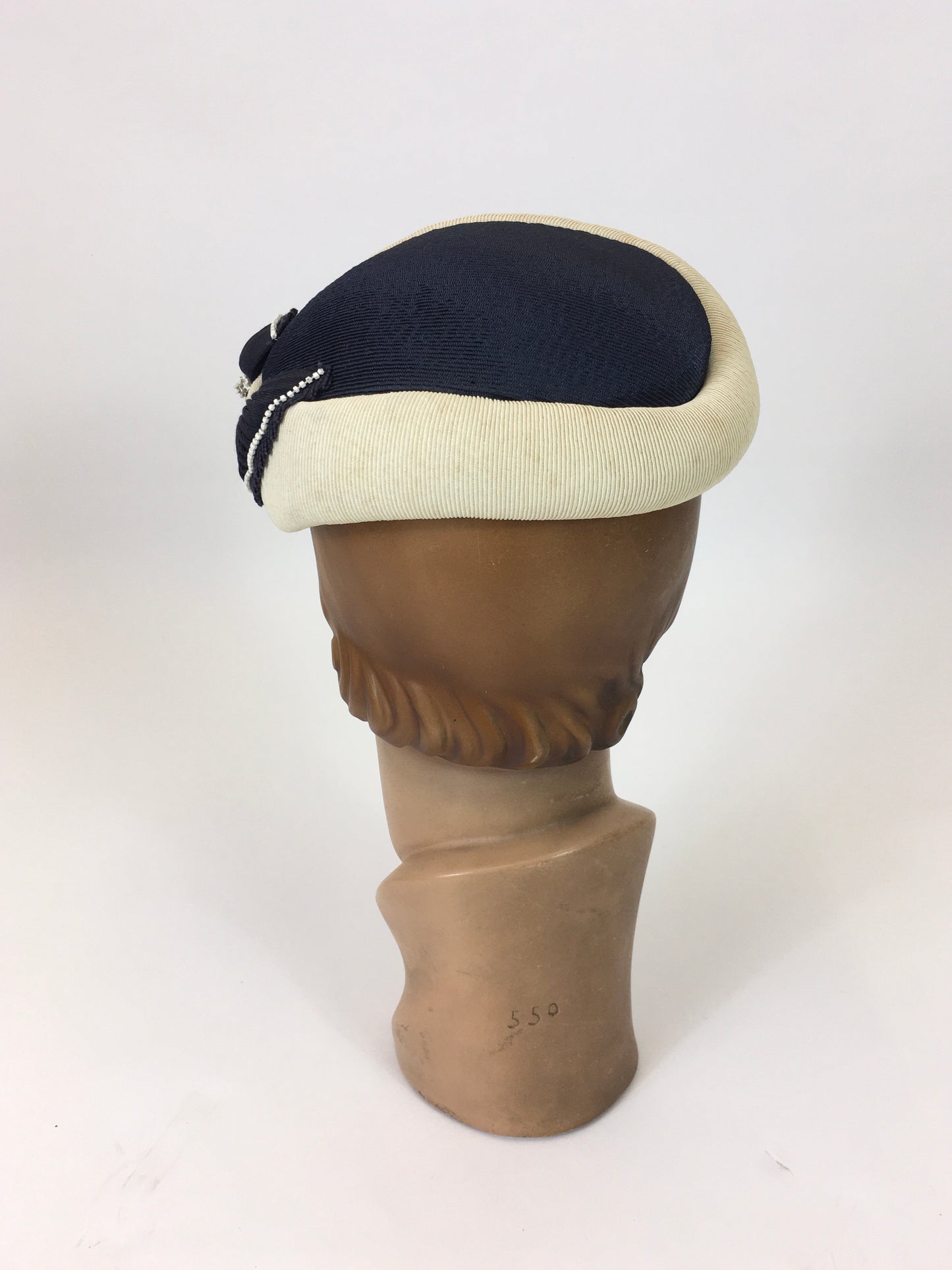 Original 1950's Classic Elegant Headpiece - In two tone Navy/Cream combination.