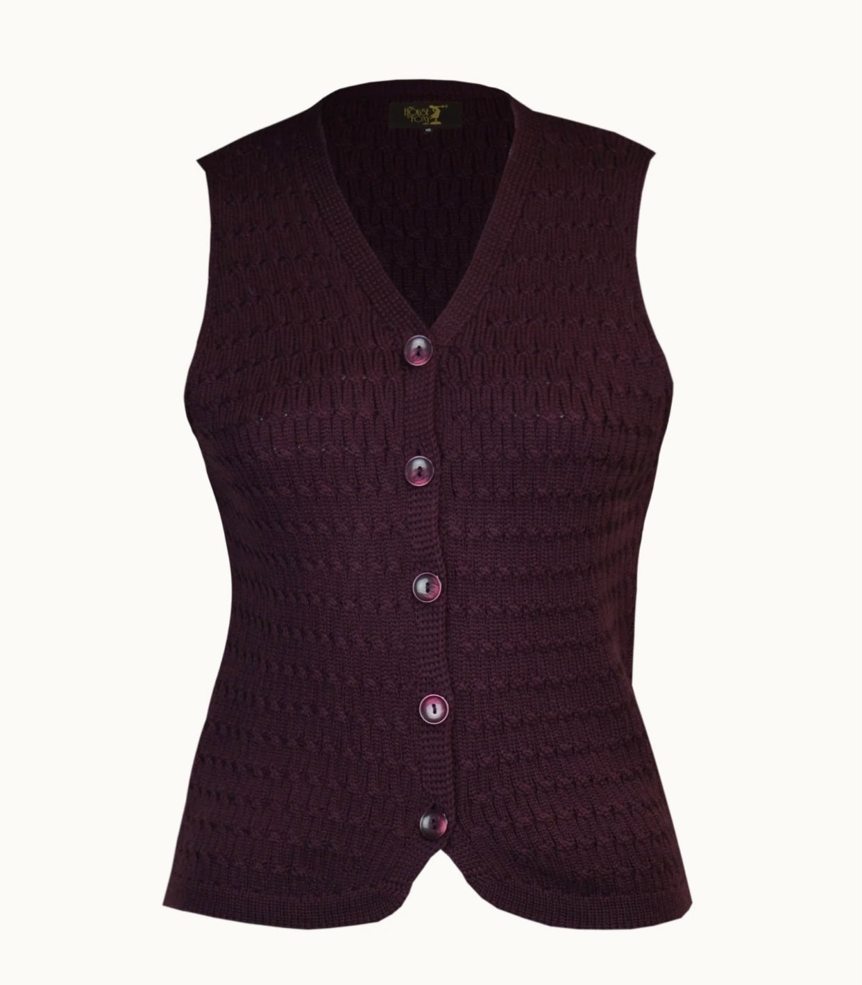 House Of Foxy Reproduction Knitted Waistcoat in Egg Plant.