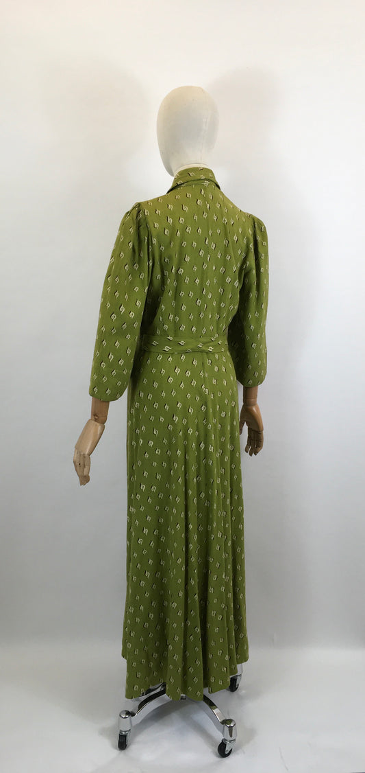 Original 1940’s Fabulous Moygashel Linen Dress/ housecoat  - soft green , brown and cream