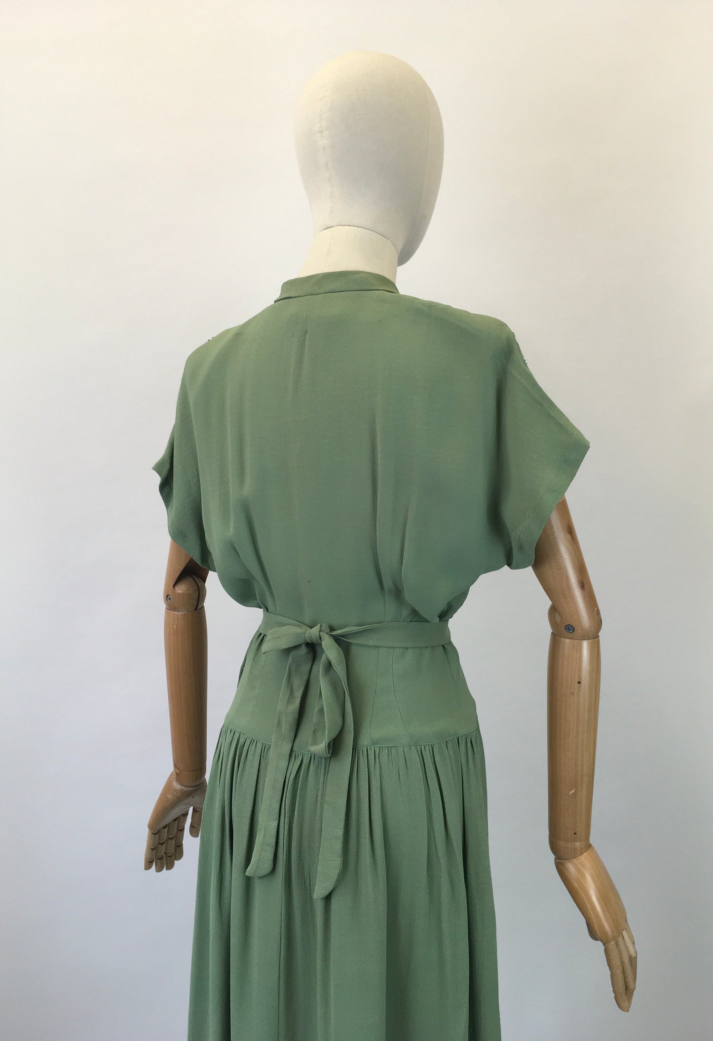 Original 1940s Beautiful Beaded Crepe dress - in a Soft Sage Green  colourway