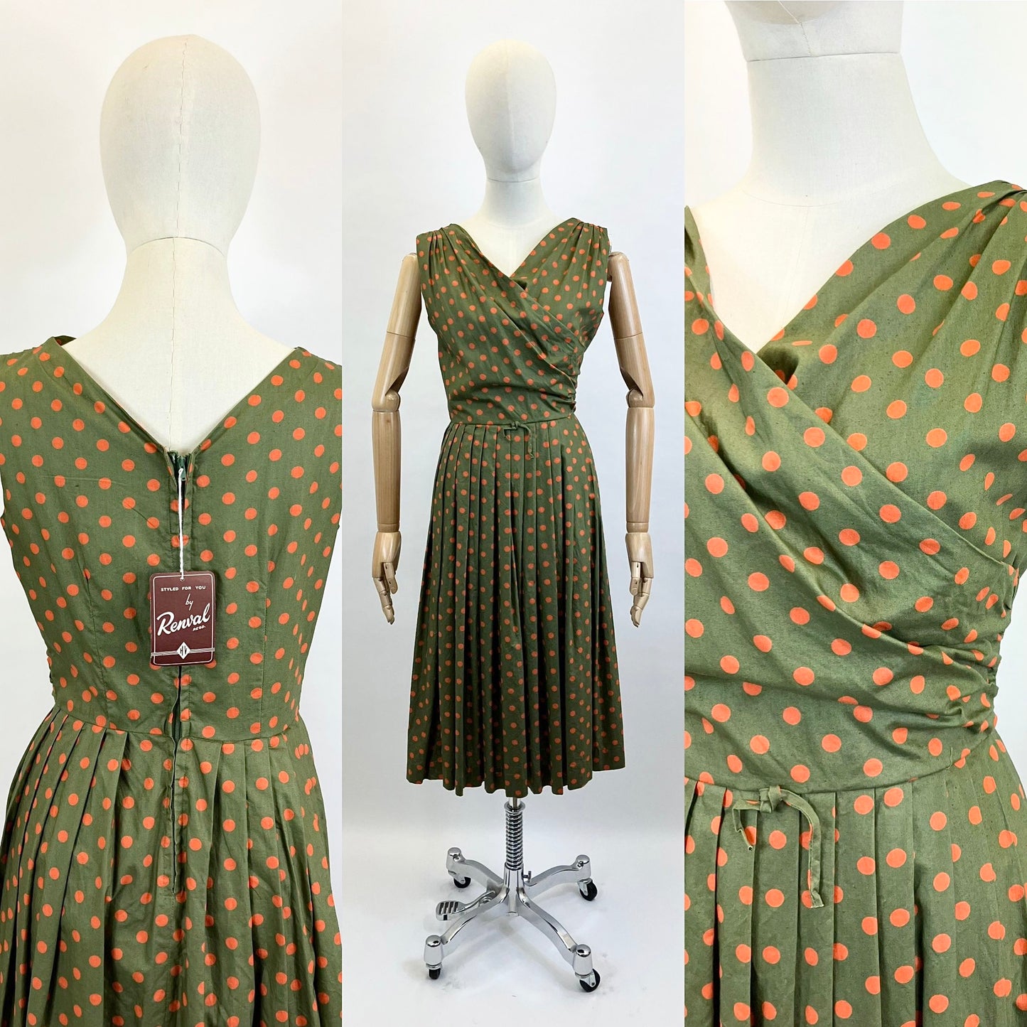 Original 1950’s Deadstock Polka Dot Dress - in Dark Green / Cinnamon dots