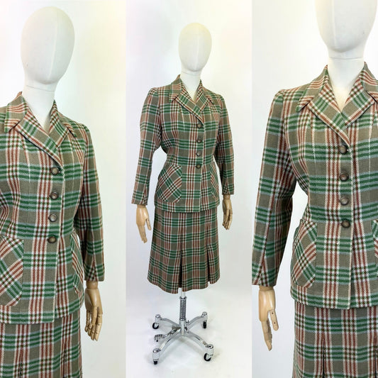 Original 1940’s CC41 Spectacular Woollen Plaid suit - in Greens and brown plaid