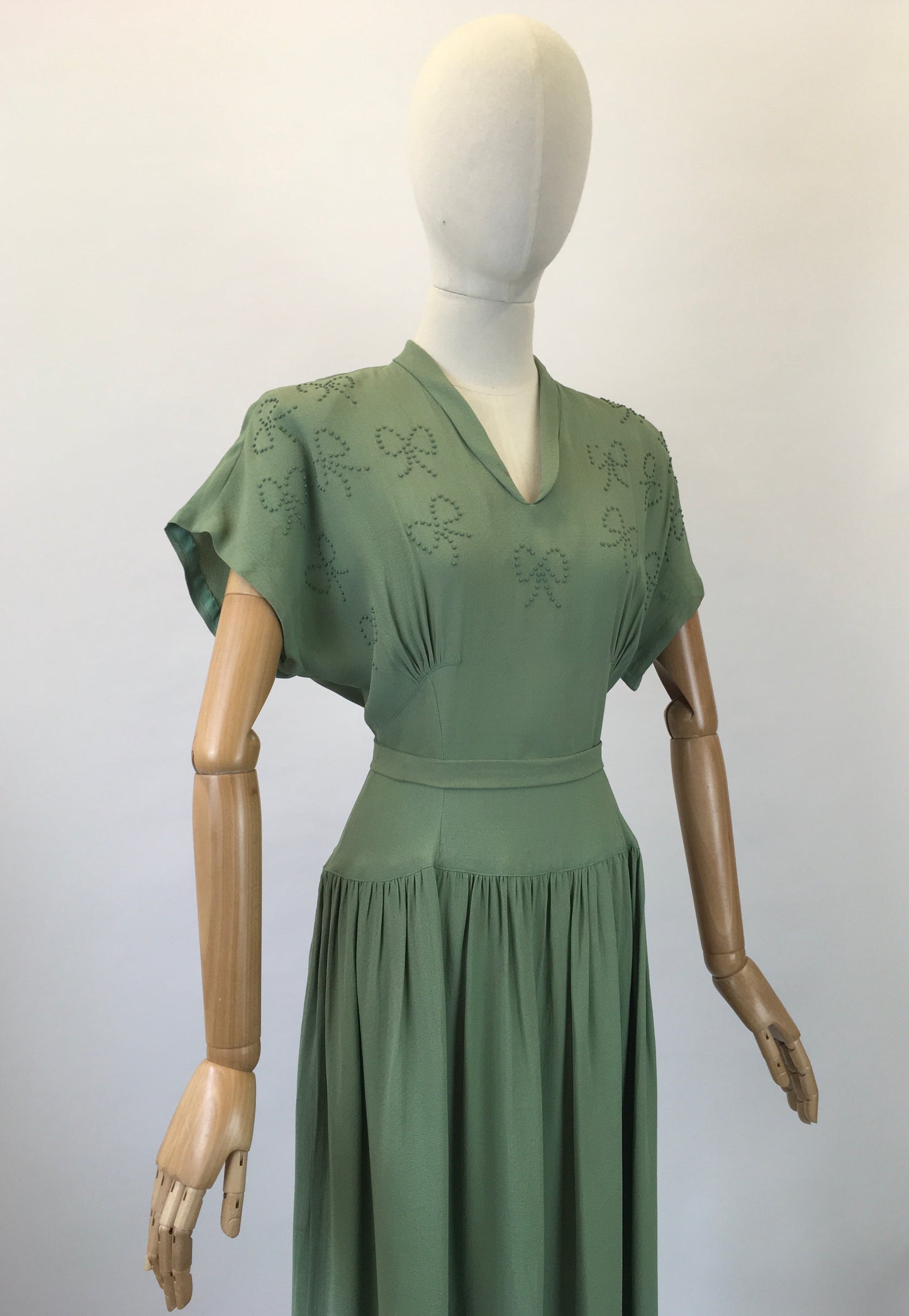 Original 1940s Beautiful Beaded Crepe dress - in a Soft Sage Green  colourway