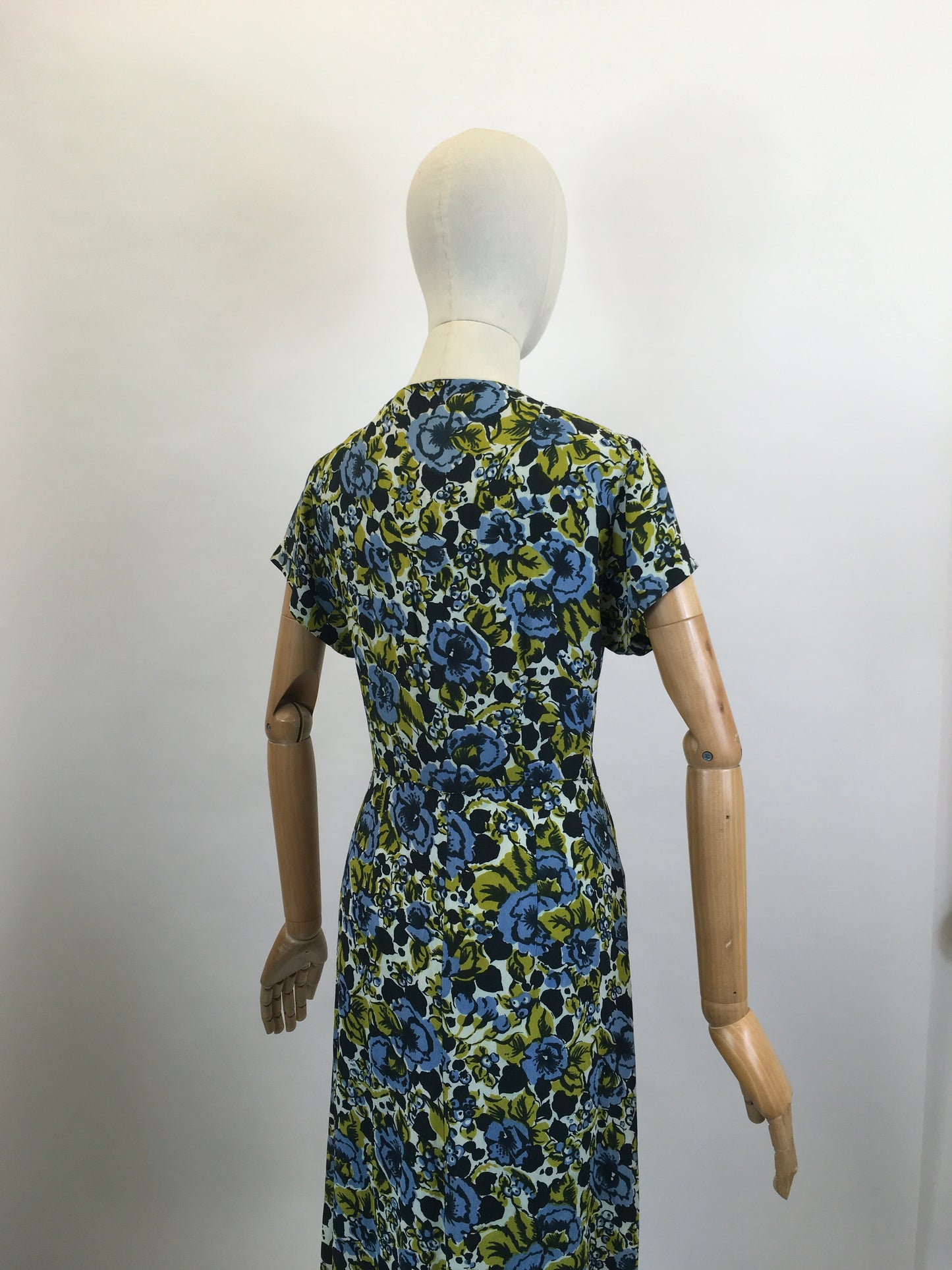 Original 1940's Beautiful Floral dress - in Chautreuse, Blue and Green florals.