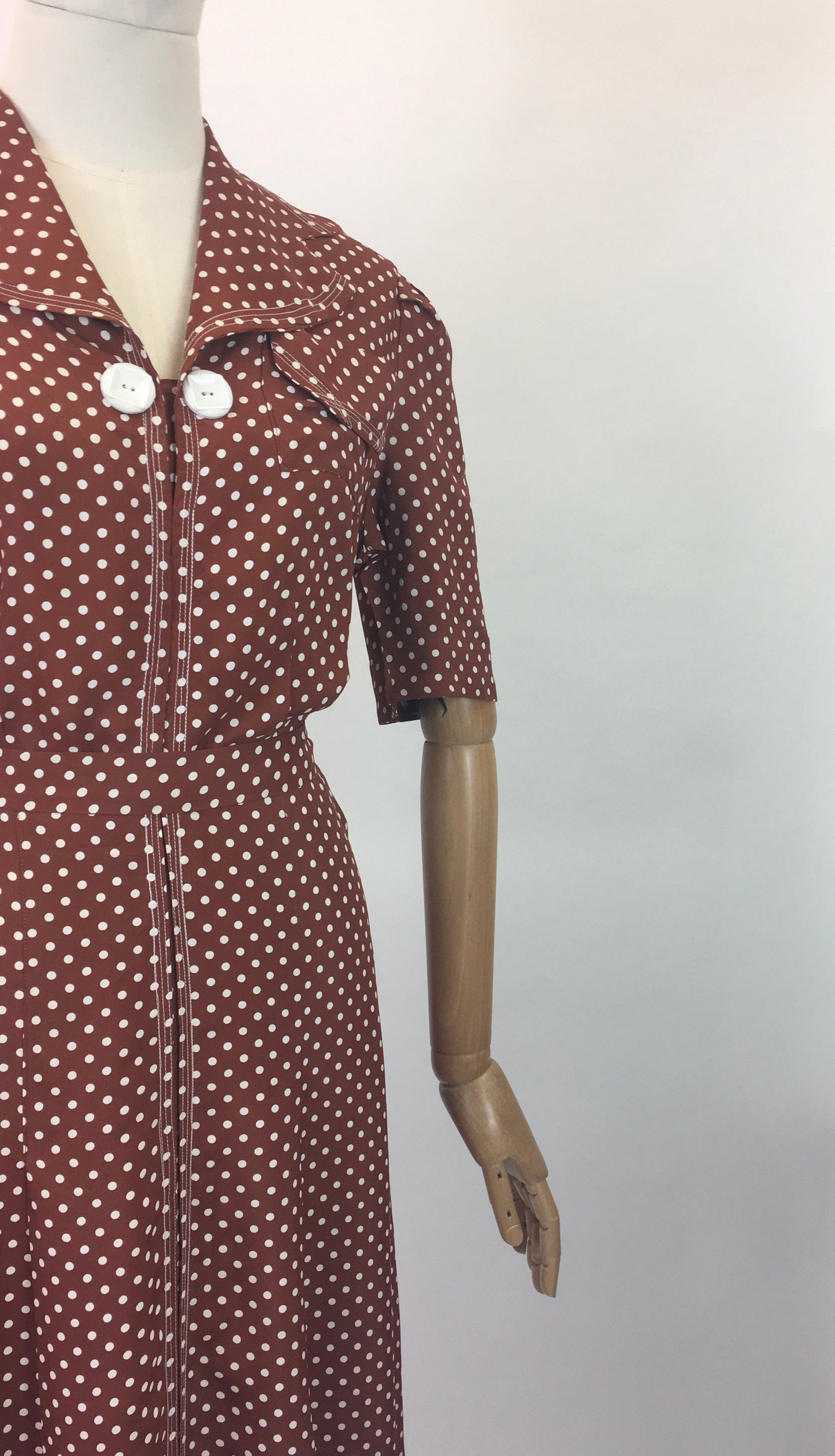 Original 1940s Beautiful Polka Dot Dress - Chestnut Brown with white dots.