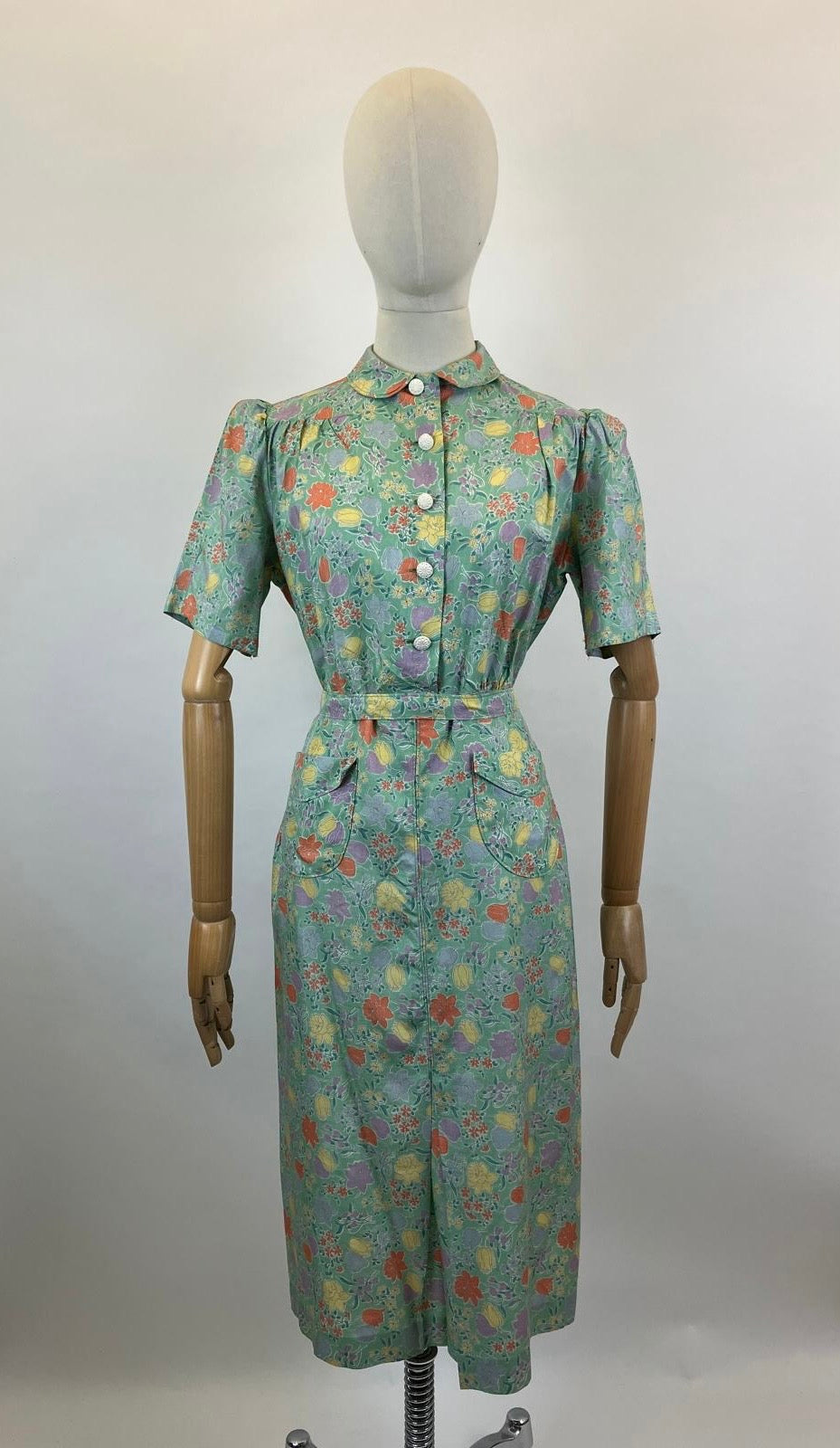 Original 1940's Silk pretty floral dress - in Celedon Green, Orange, Yellow, lilac and mauve