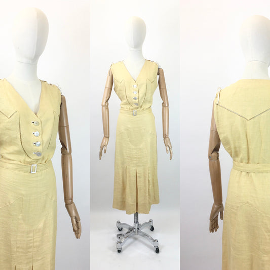 Original 1930’s Sensational Linen Dress in Sunshine Yellow - With Lace details