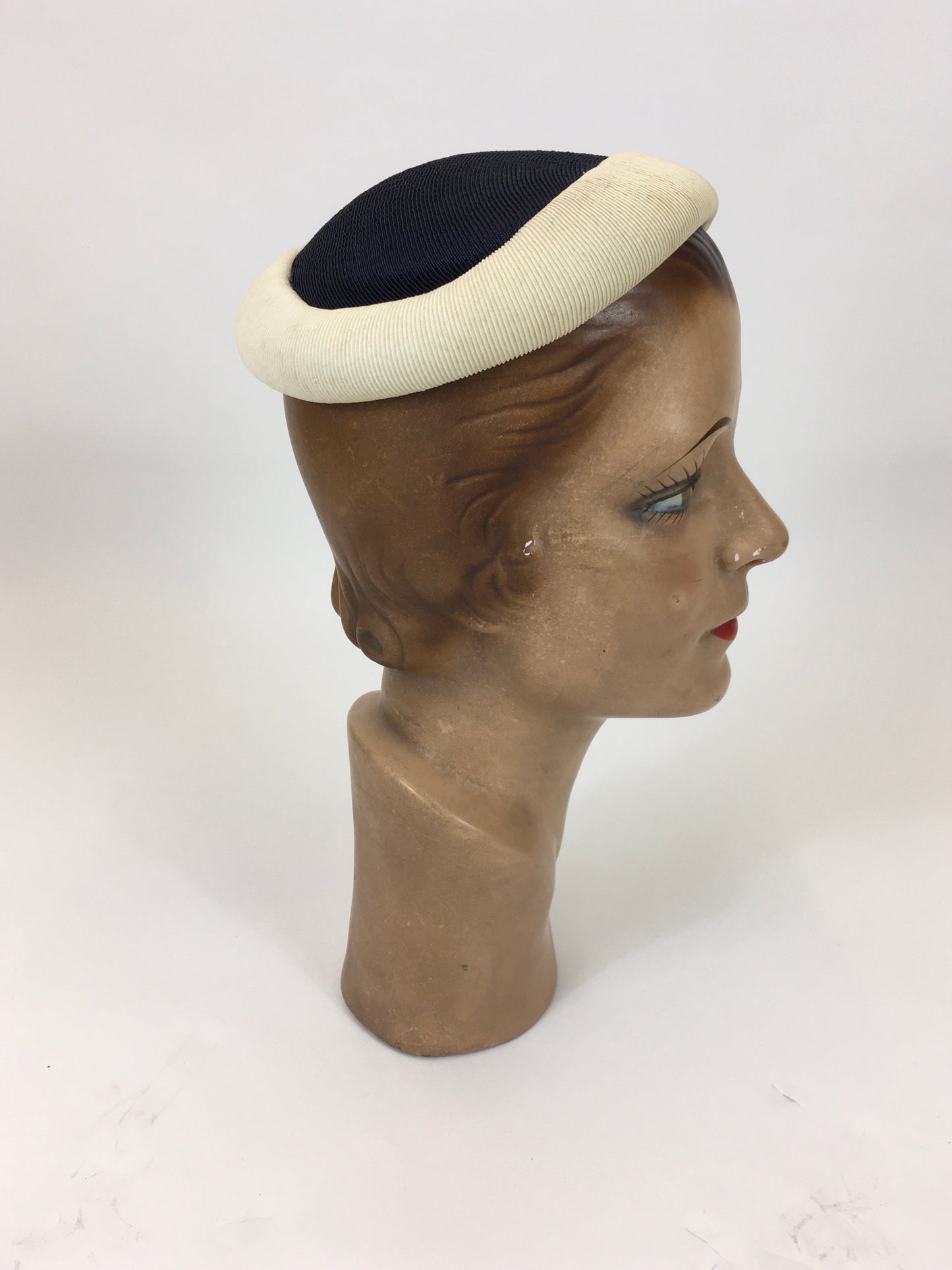 Original 1950's Classic Elegant Headpiece - In two tone Navy/Cream combination.