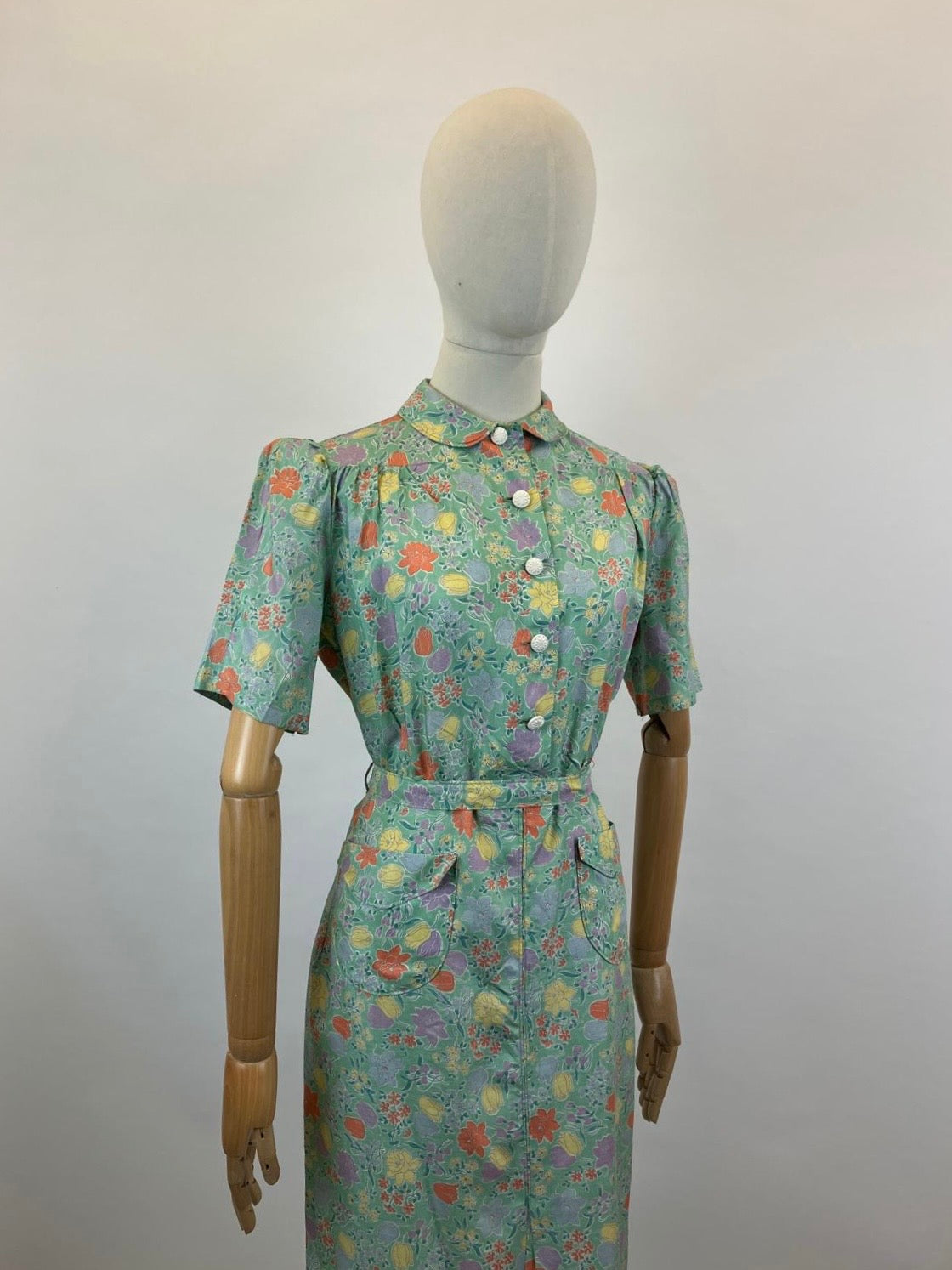 Original 1940's Silk pretty floral dress - in Celedon Green, Orange, Yellow, lilac and mauve