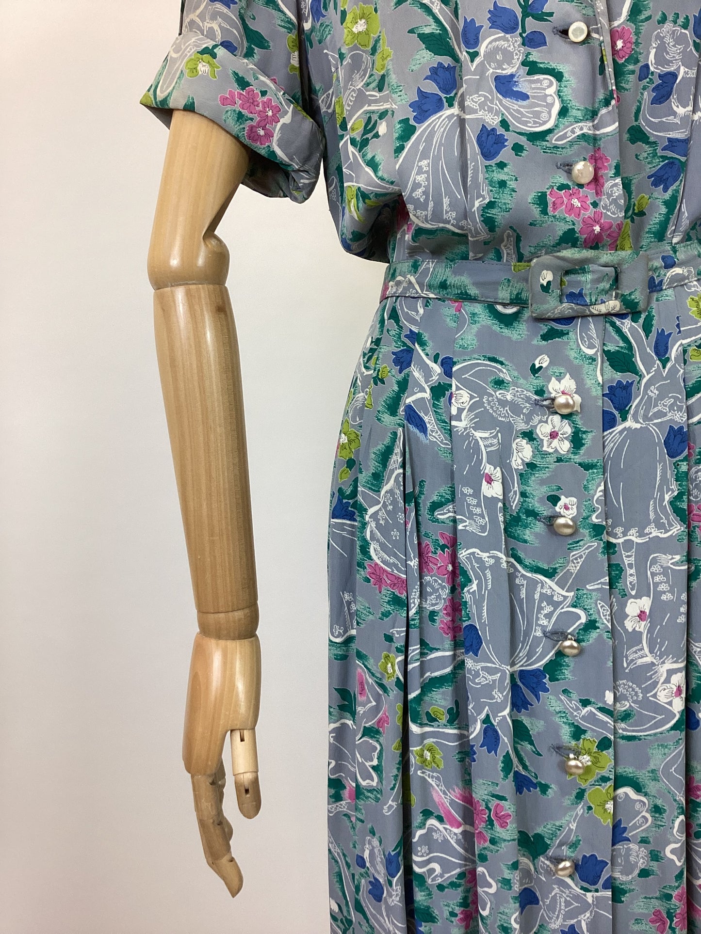 Original Fabulous 1940's  Novelty Print dress - Pale slate grey with hints of chartreuse, jade, blue and hot pink