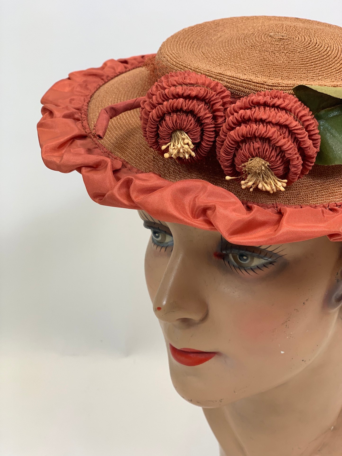 Original Gorgeous 1940’s Fine Natural Straw Hat - edged in Coral