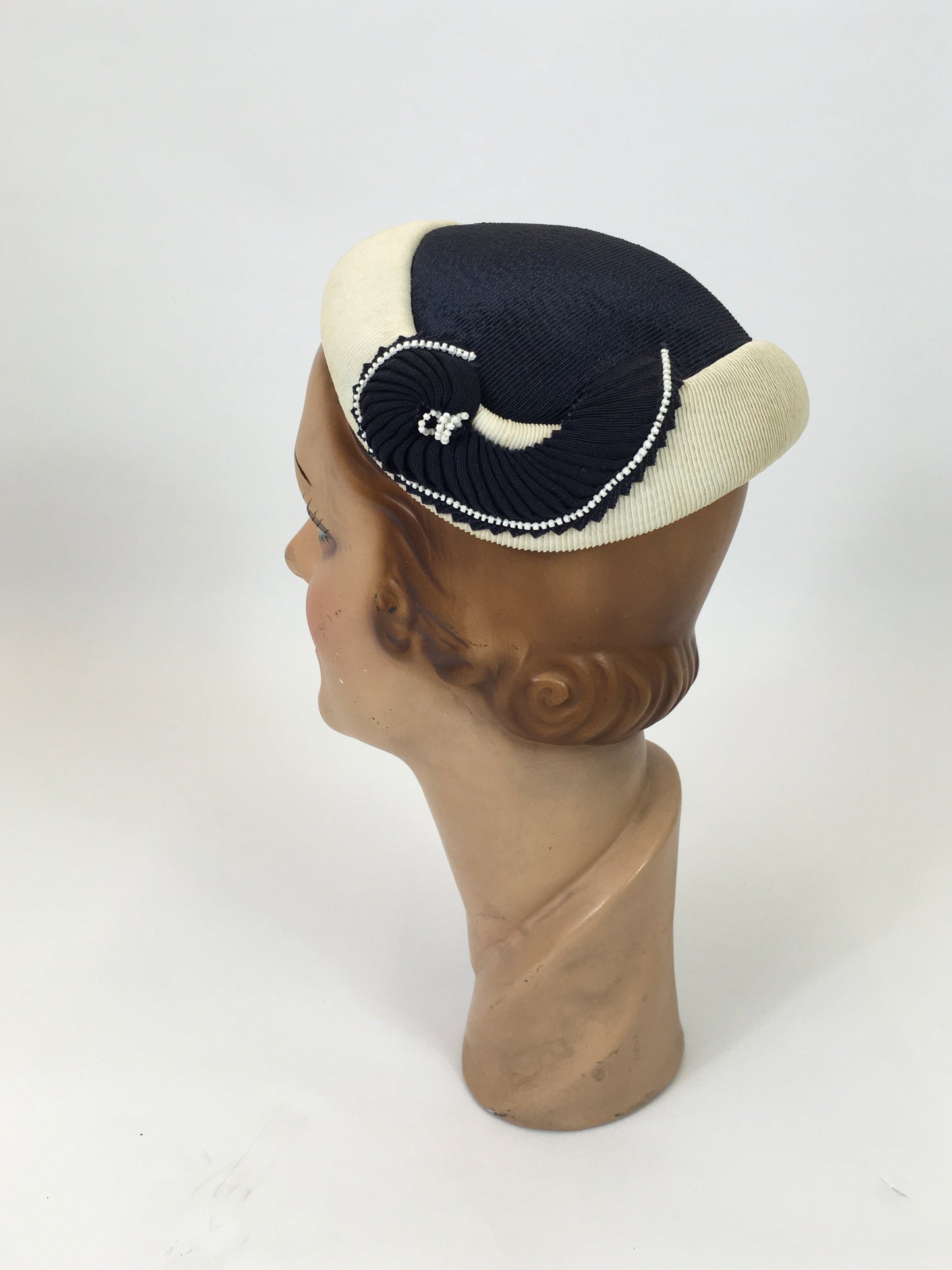 Original 1950's Classic Elegant Headpiece - In two tone Navy/Cream combination.