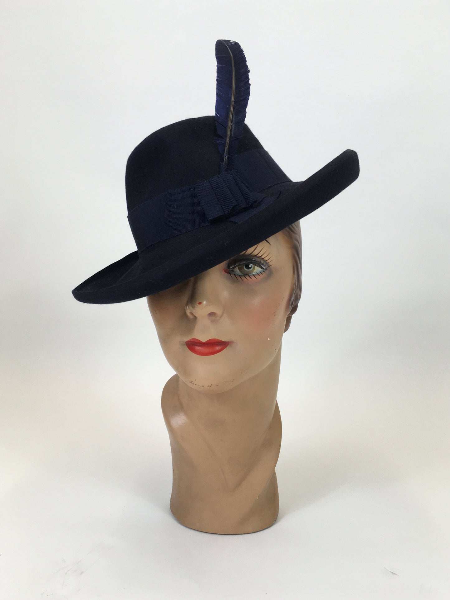 Original late 30's/ Early 40's  Stunning Fedora -  In a Deep Navy Felt with striking Blue Feather