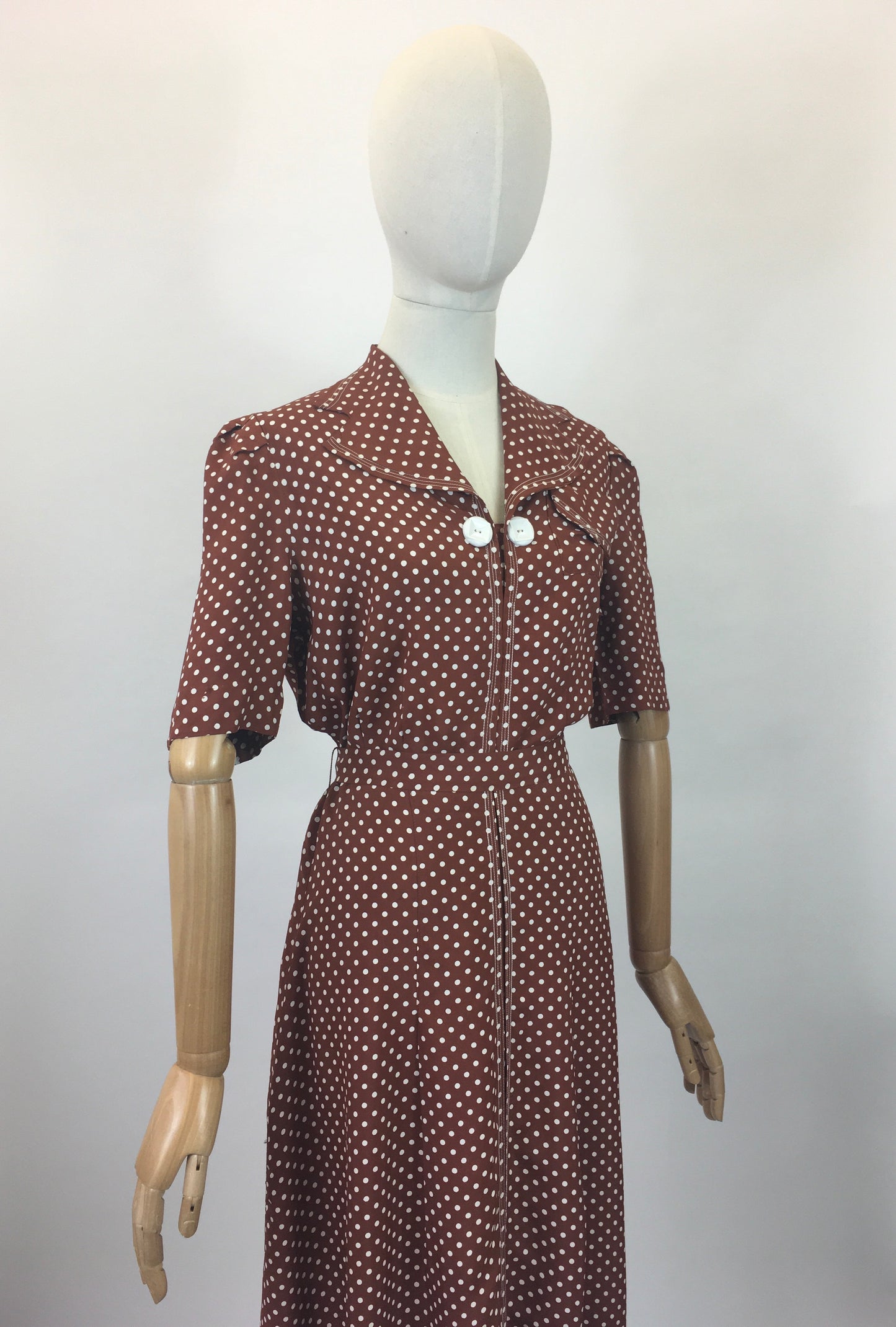 Original 1940s Beautiful Polka Dot Dress - Chestnut Brown with white dots.