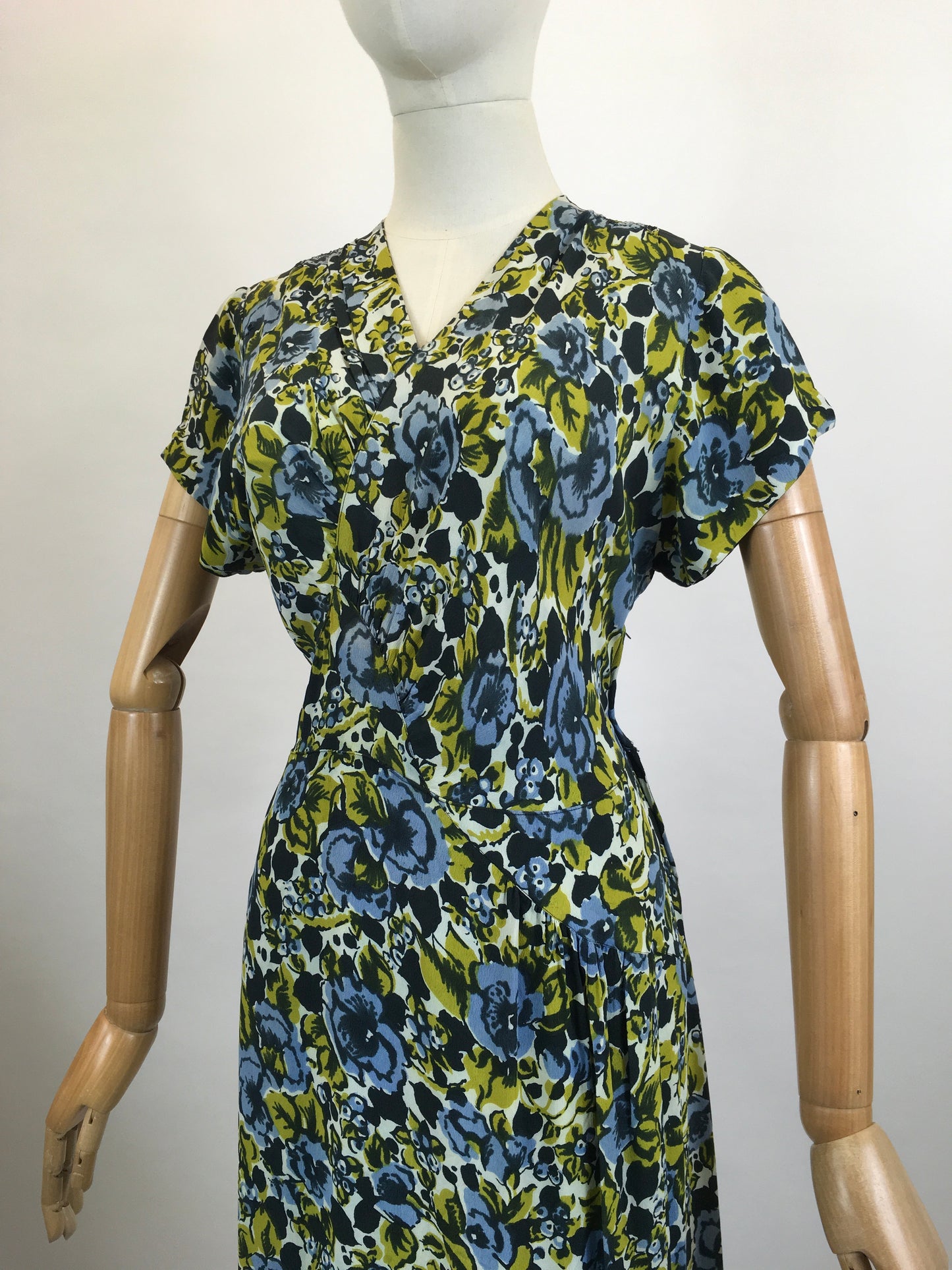 Original 1940's Beautiful Floral dress - in Chautreuse, Blue and Green florals.