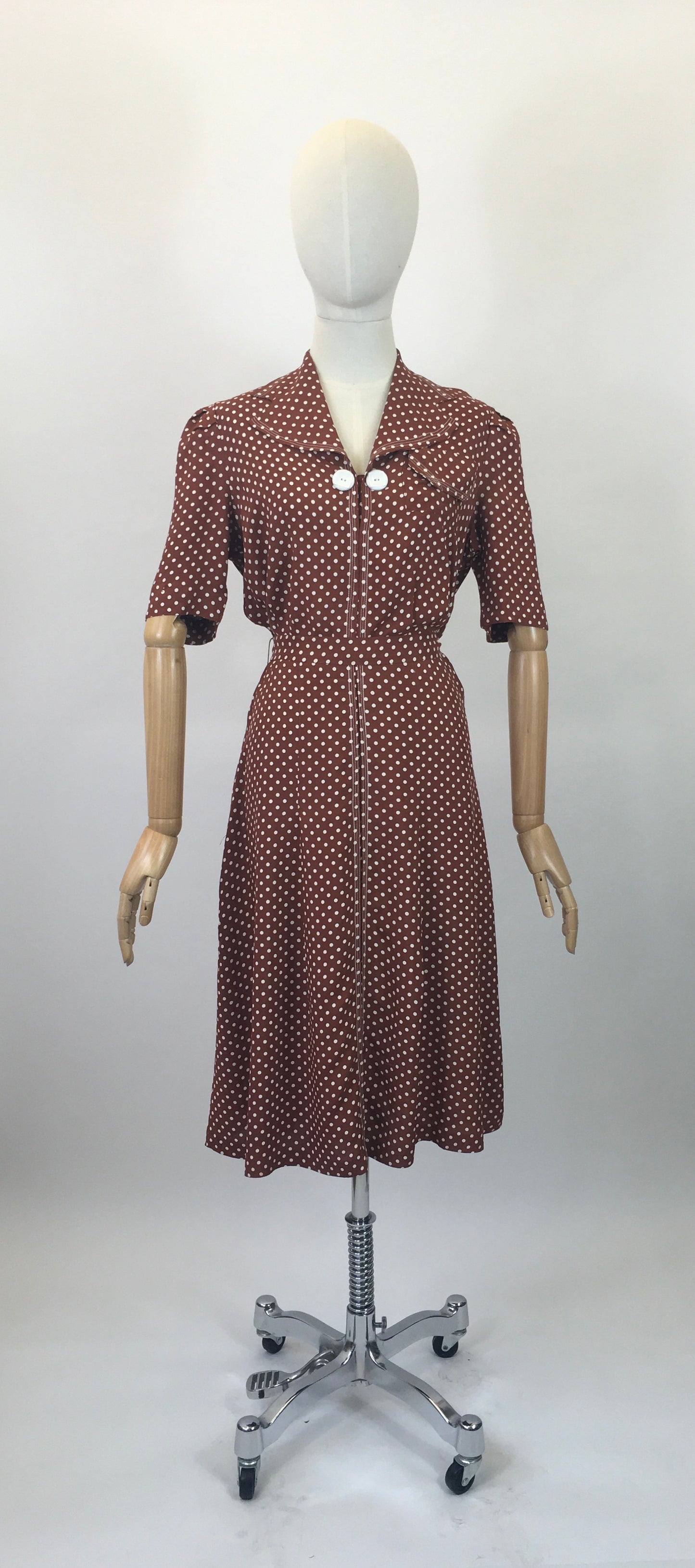 Original 1940s Beautiful Polka Dot Dress - Chestnut Brown with white dots.