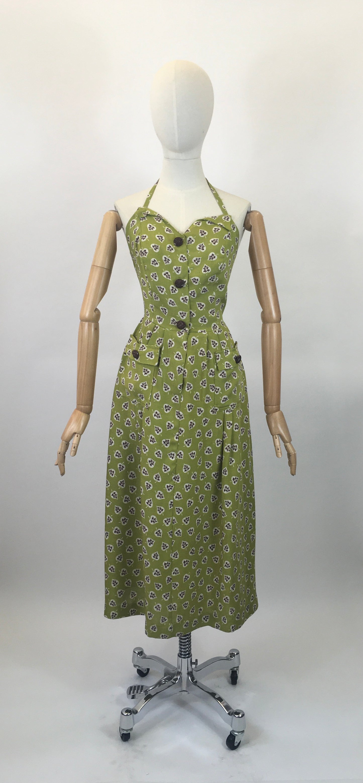 Original 1940’s Moygashel Linen Sundress -in Chautreuse / Cream and Brown