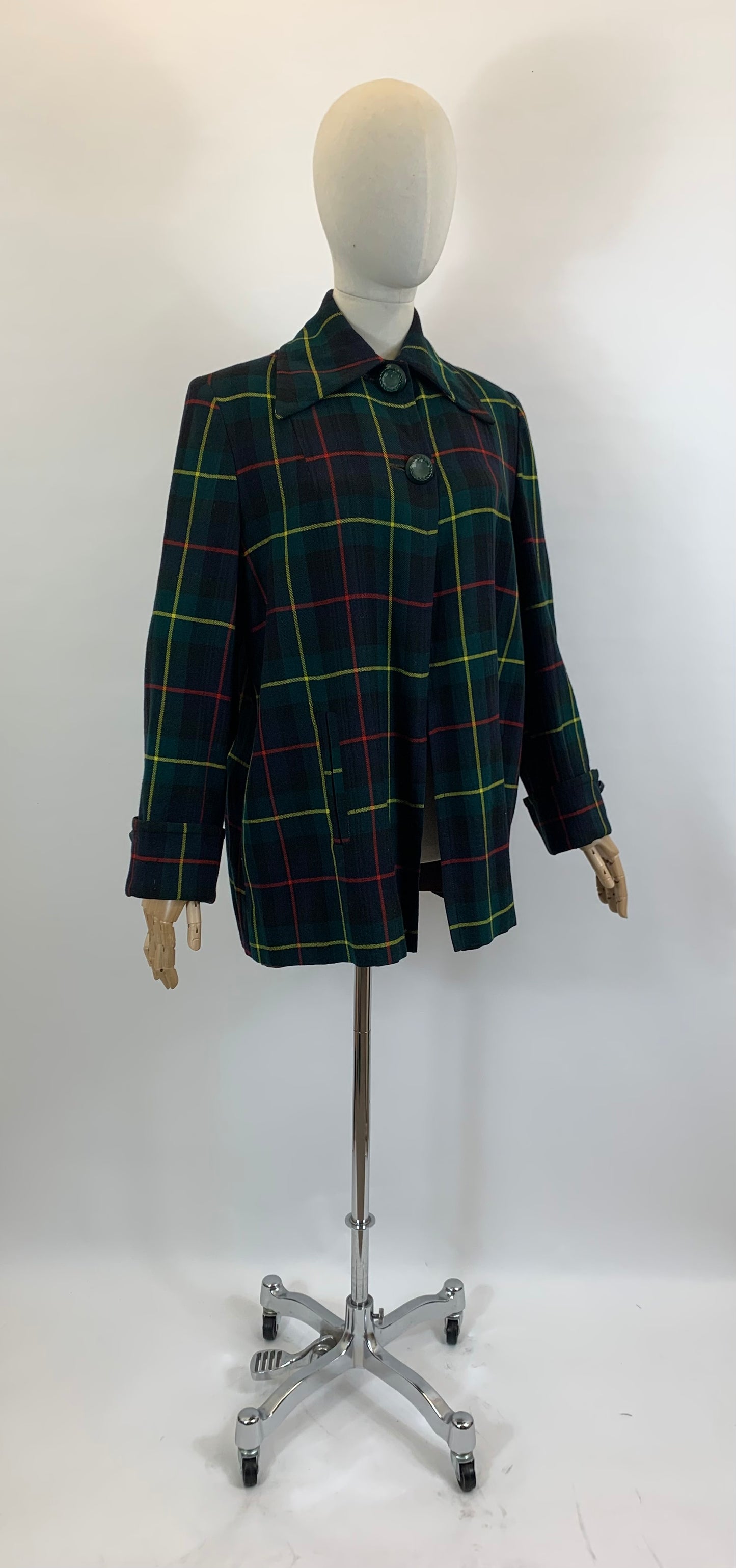 Original 1940’s Fabulous Plaid Swing Jacket - predominantly Green plaid with touches of Red and Yellow