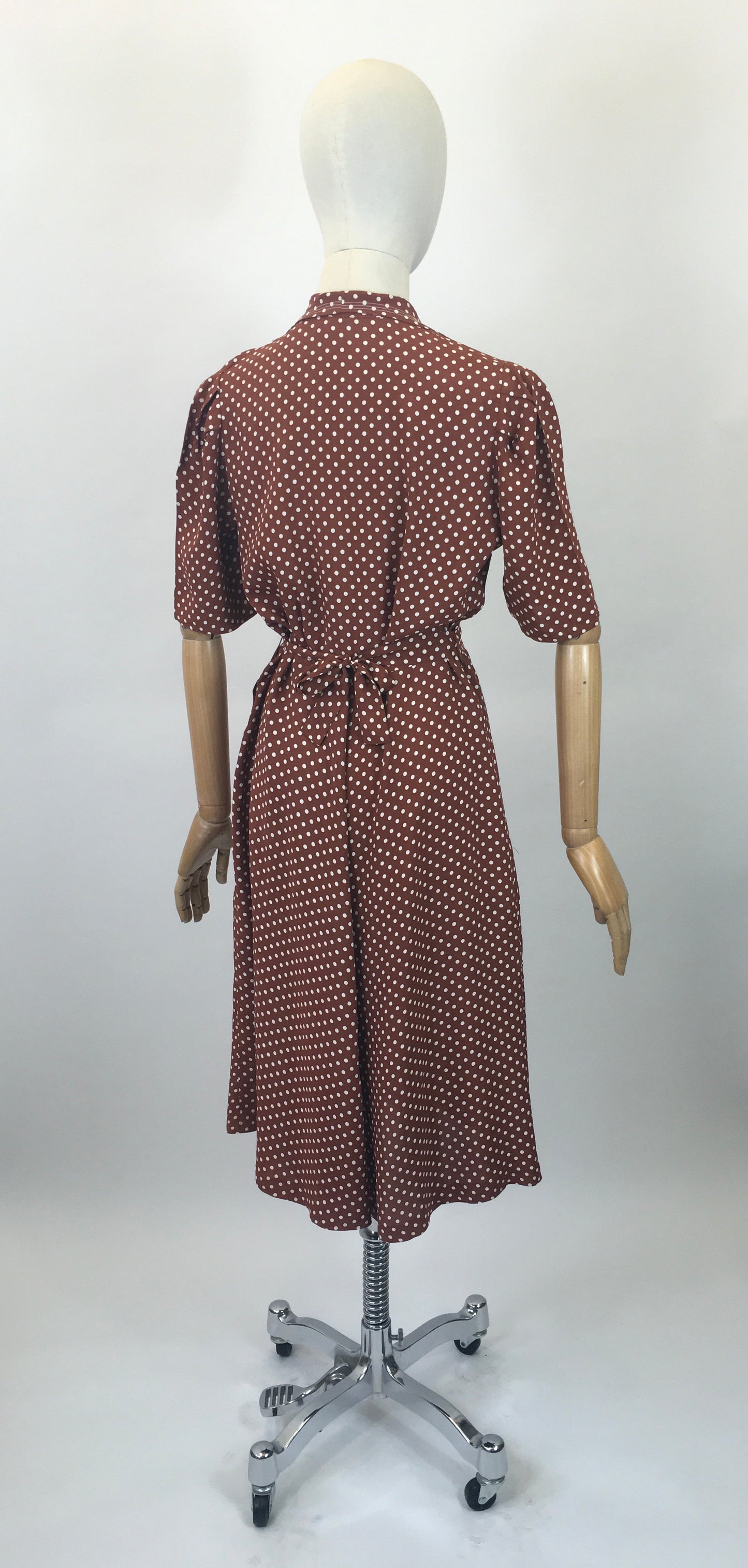 Original 1940s Beautiful Polka Dot Dress - Chestnut Brown with white dots.