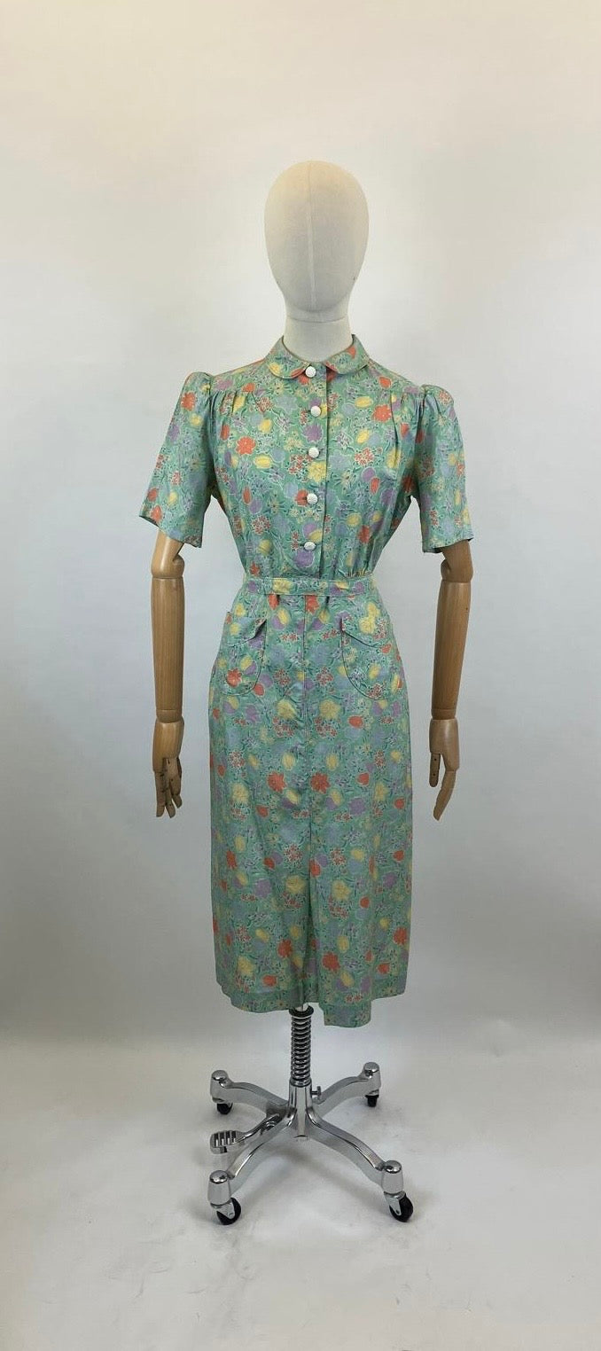 Original 1940's Silk pretty floral dress - in Celedon Green, Orange, Yellow, lilac and mauve