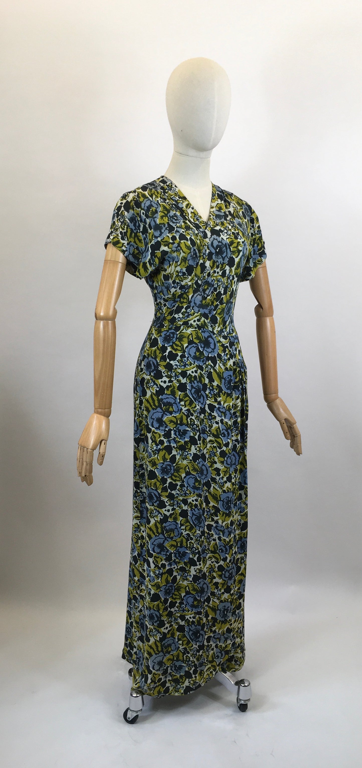 Original 1940's Beautiful Floral dress - in Chautreuse, Blue and Green florals.