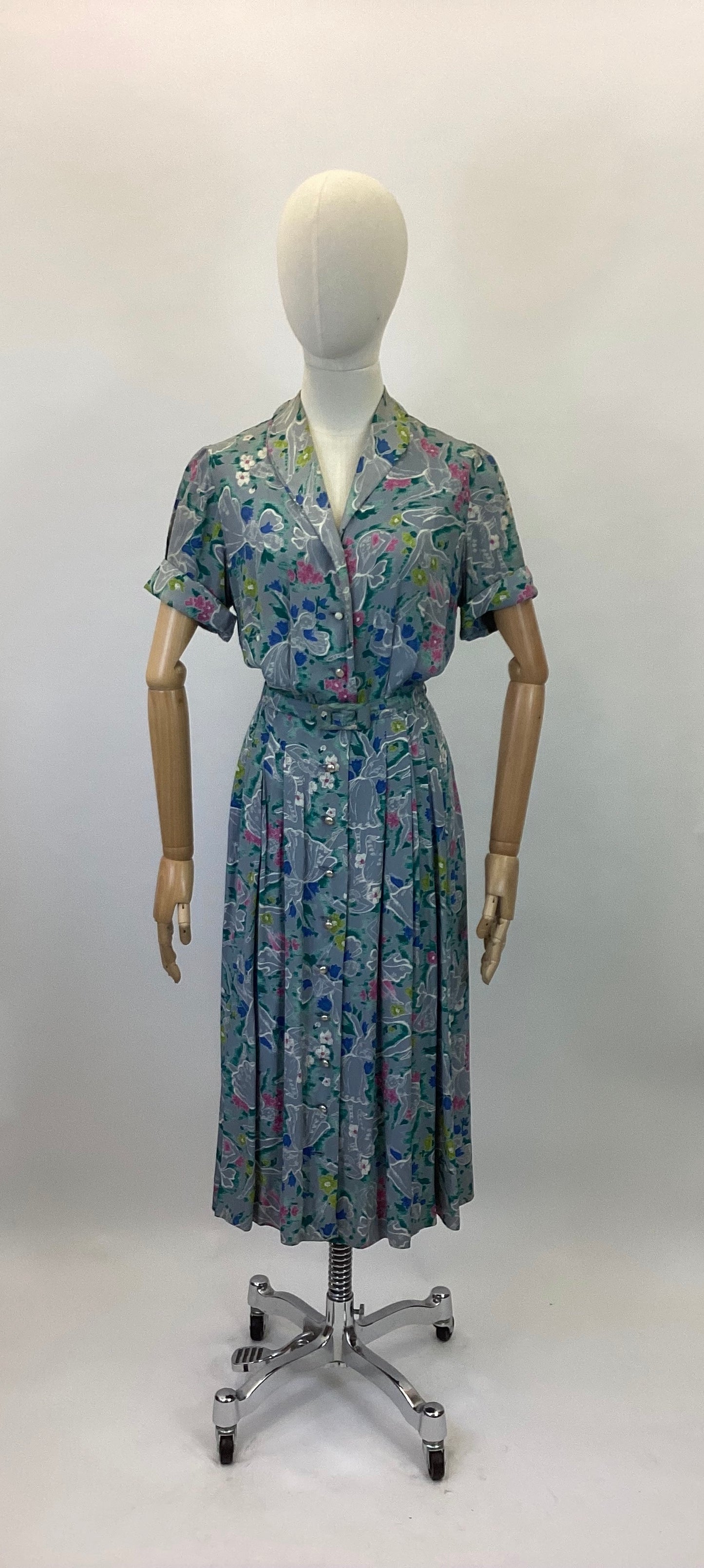 Original Fabulous 1940's  Novelty Print dress - Pale slate grey with hints of chartreuse, jade, blue and hot pink